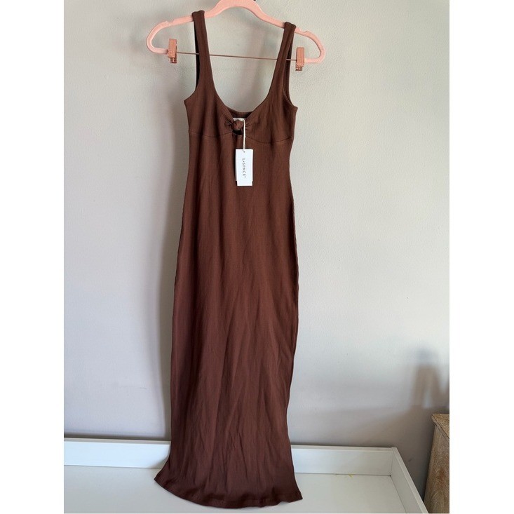 L*Space Ribbed Knit Midi Dress Brown Knot Front Keyhole Side Slit Small NWT