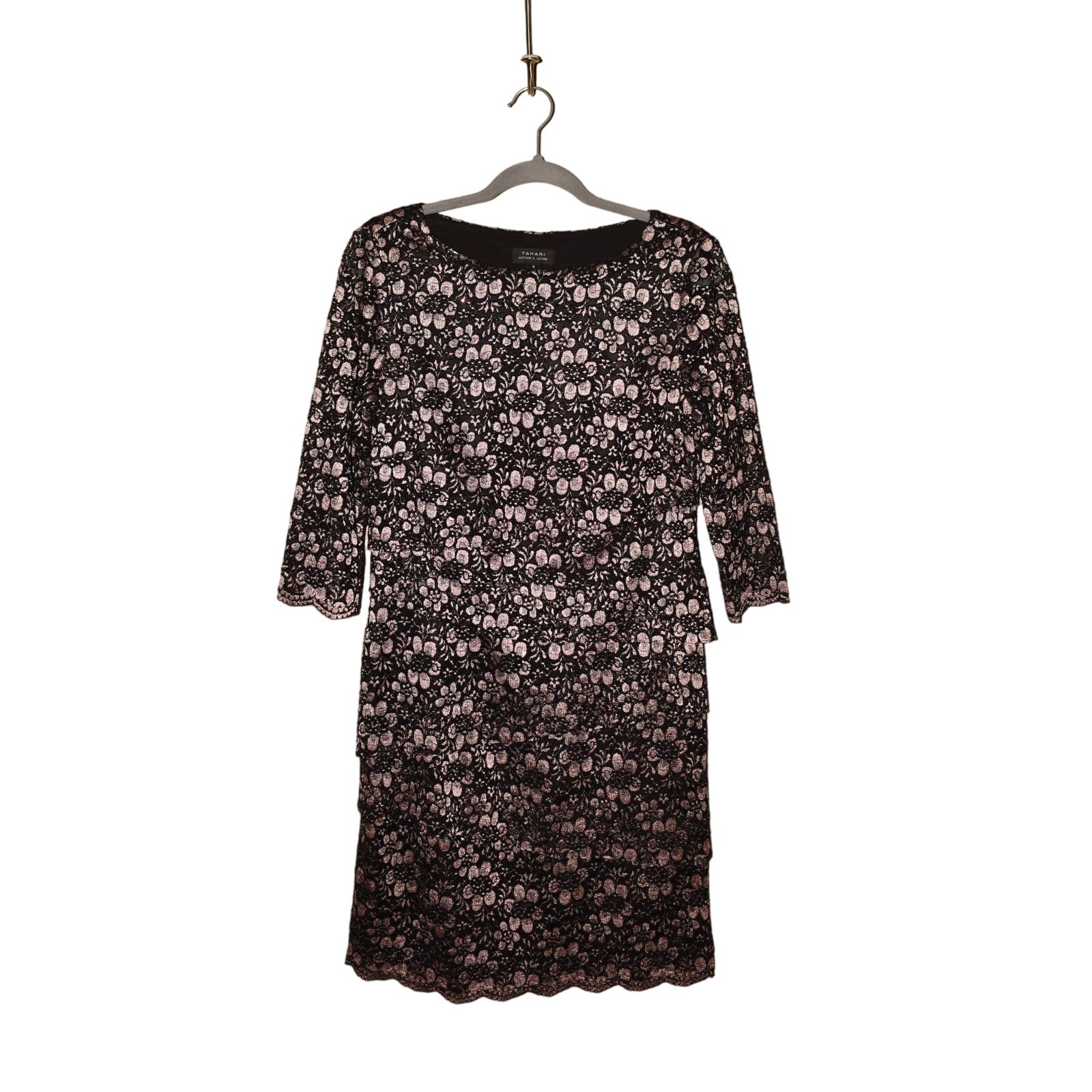 TAHARI ASL $138 Lace Floral Tiered Sheath Dress Black/Rose Gold Size 8