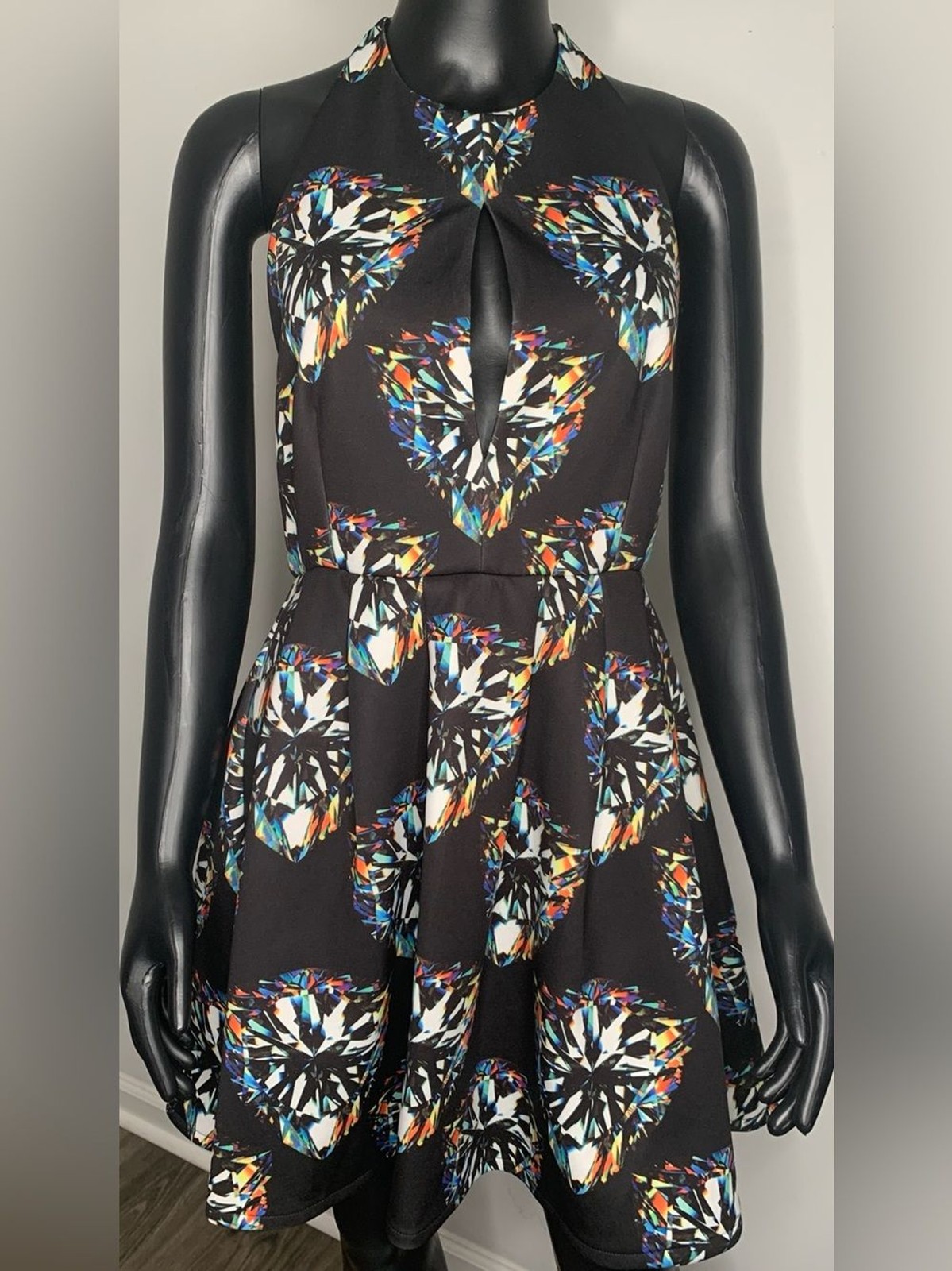 DO+BE Black Strapless Fit-and-Flare Dress with Multicolor Gem Print