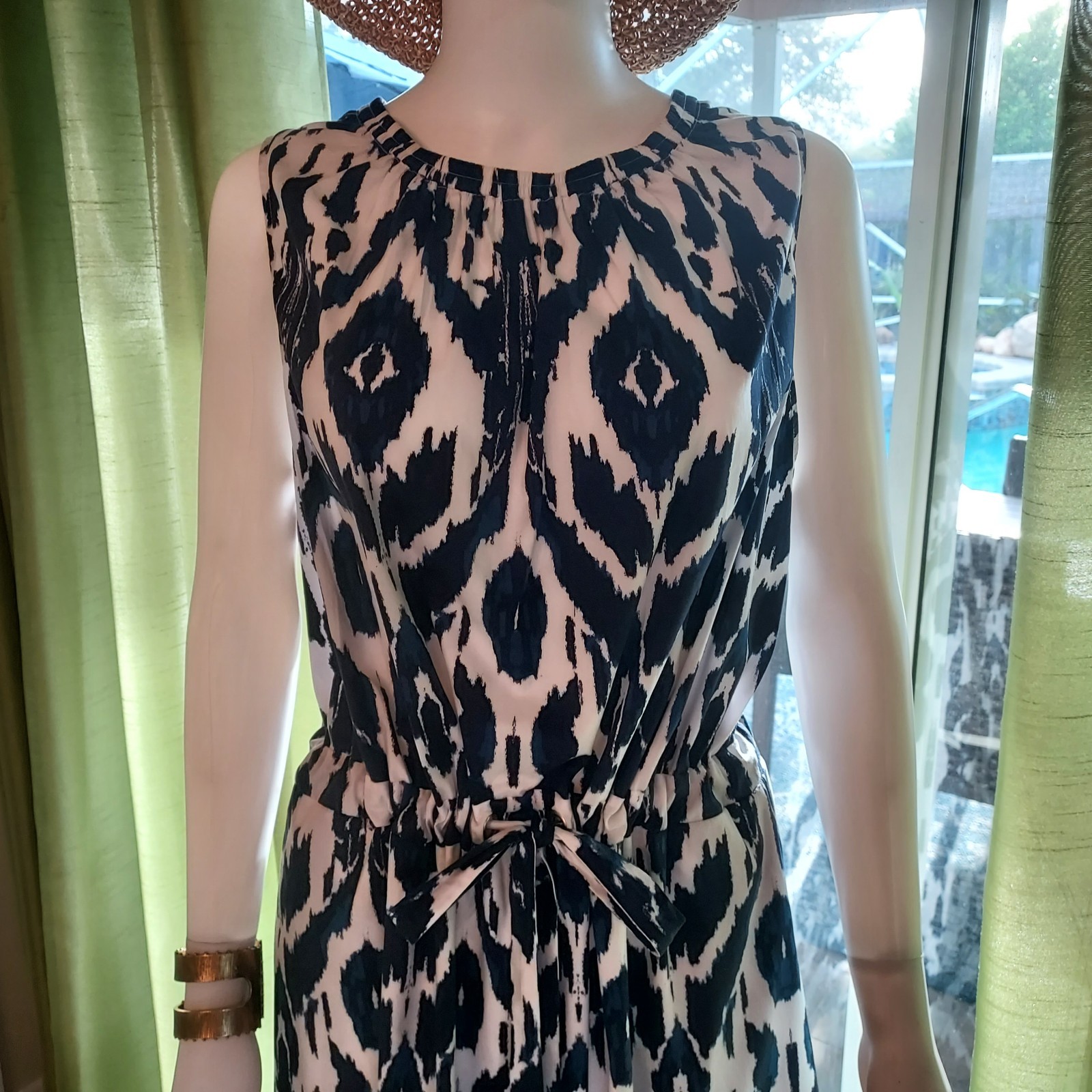 Lane Bryant Blue White & Black Ikat Pattern Dress Elastic Tie Pockets Sz 24