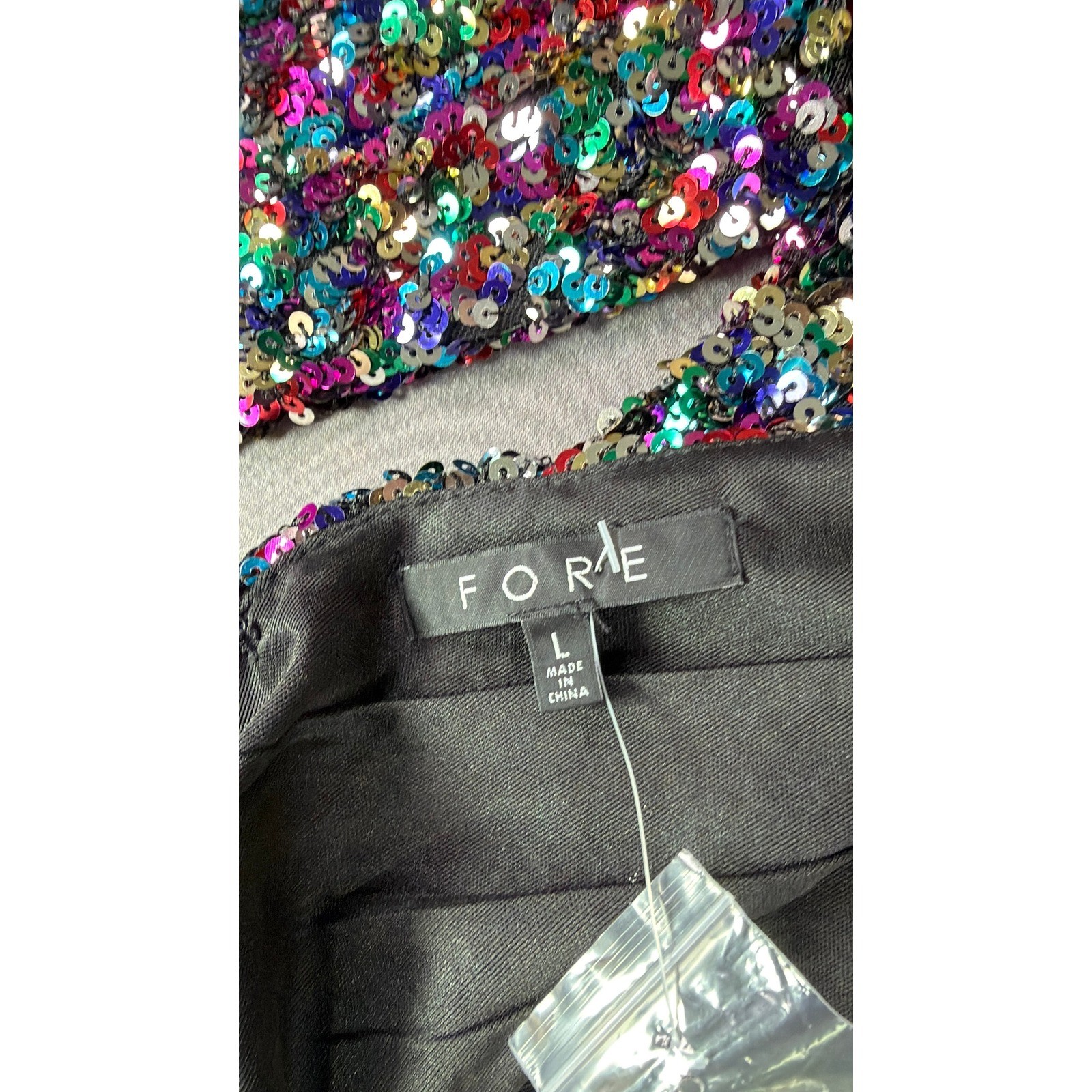 FORE Sequin Mini Dress Womens L Multicolor Open Back Long Sleeve Party Cocktail