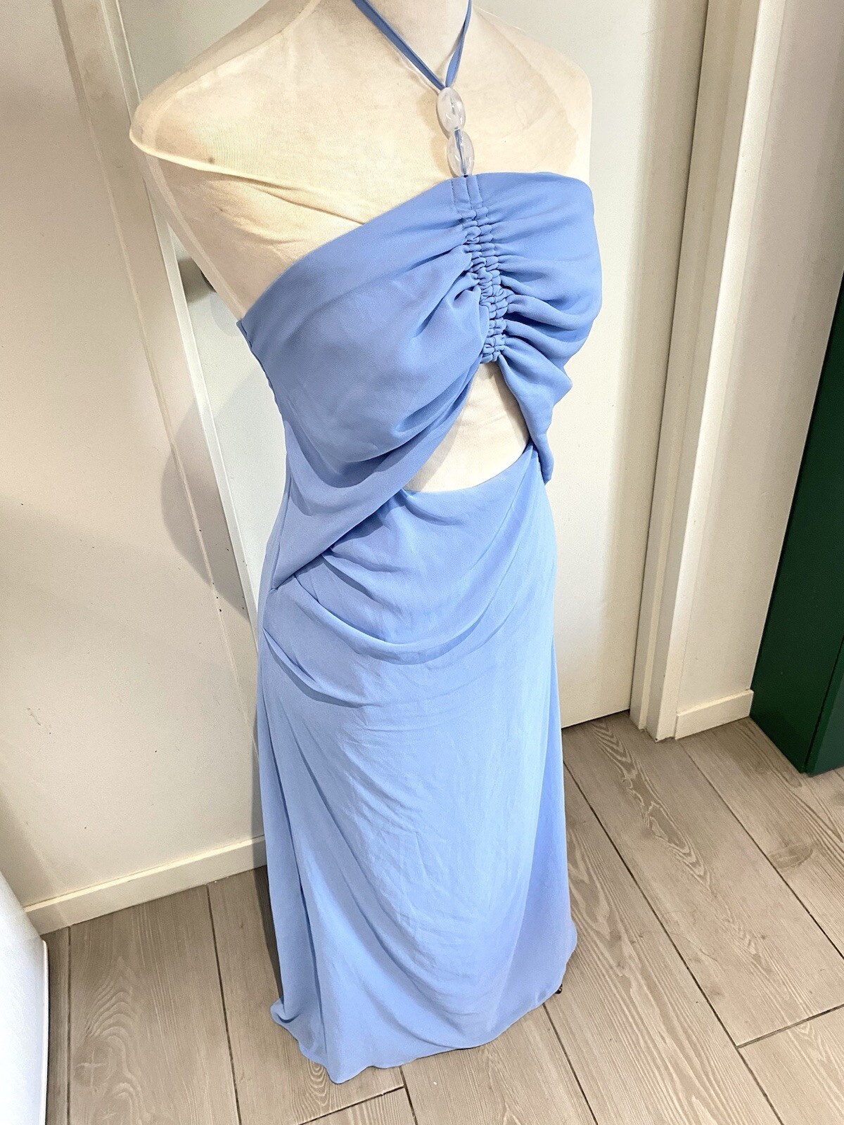 Kookai Dress Size 10 / 38 Light Blue Halter Neck BNWT RRP $250 Elsa Beaded Maxi