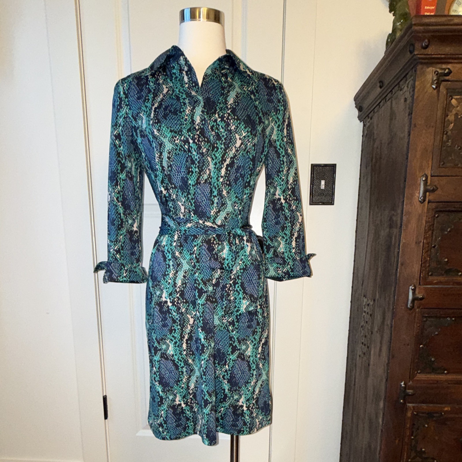 INC International Concepts Women’s Snake Print Collared Belted Dress M