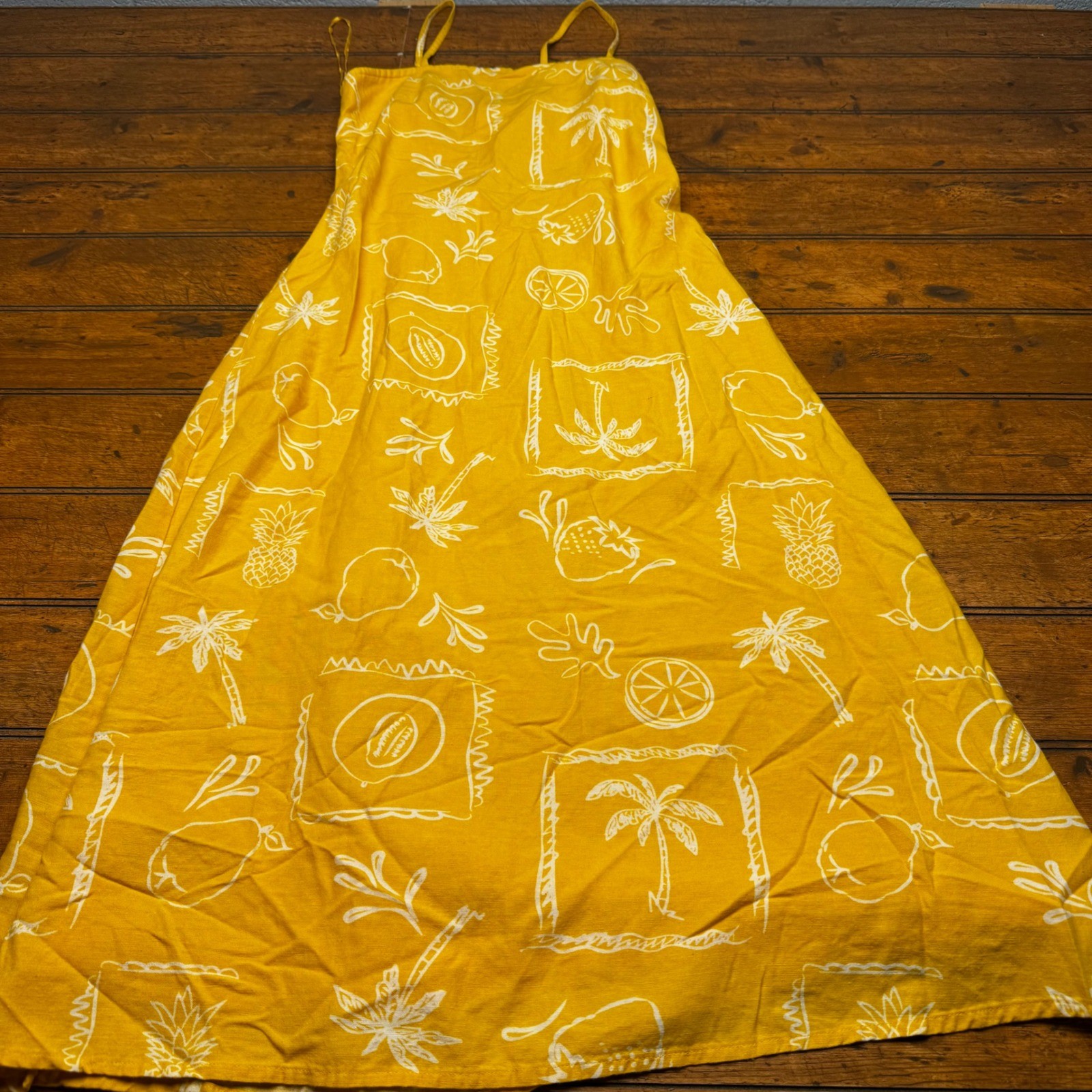 Japna Women Yellow Tropical Fruit Palm Tree Maxi Dress Small Linen Blend Smocked