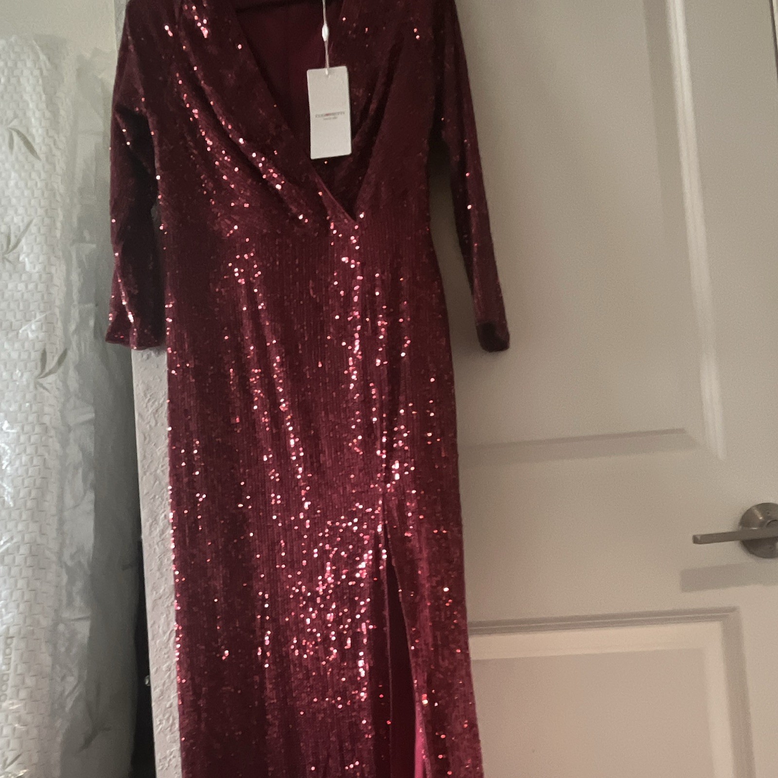 Ever-Pretty Burgundy Sequin V-Neck 3/4 Sleeve Maxi Dress Side Slit M