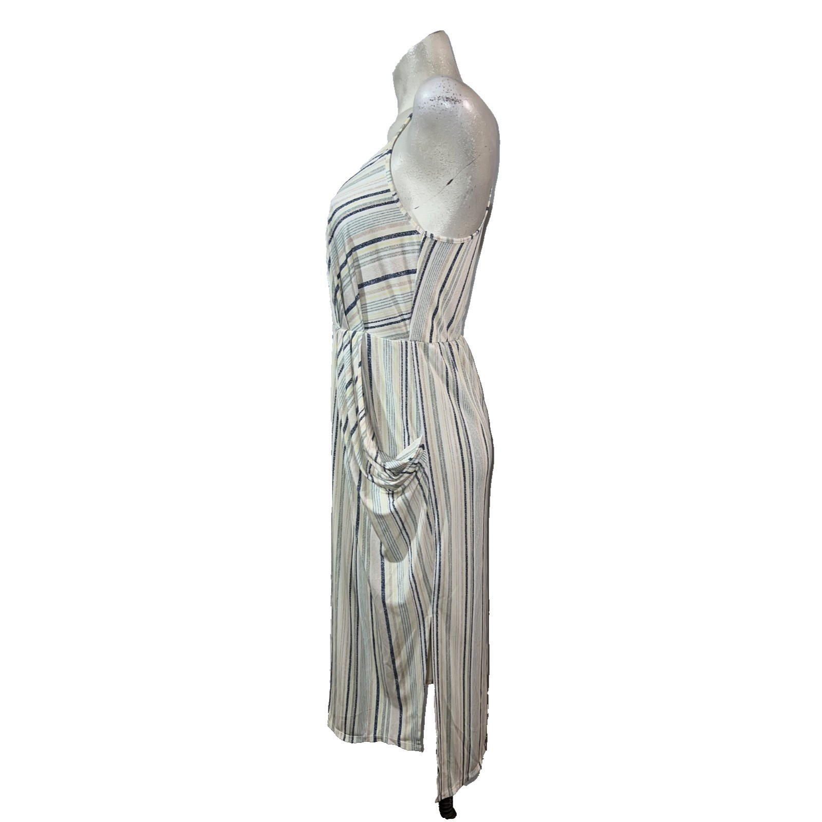 BCBGeneration Womens Blue Tan Striped Sleeveless Midi Dress Draped Pockets S