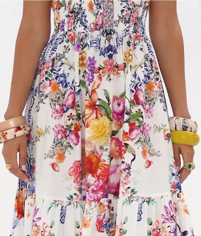 CAMILLA “Dutch Is Life” Tiered Frill Cotton V-Neck Open Back Maxi Dress, L $899