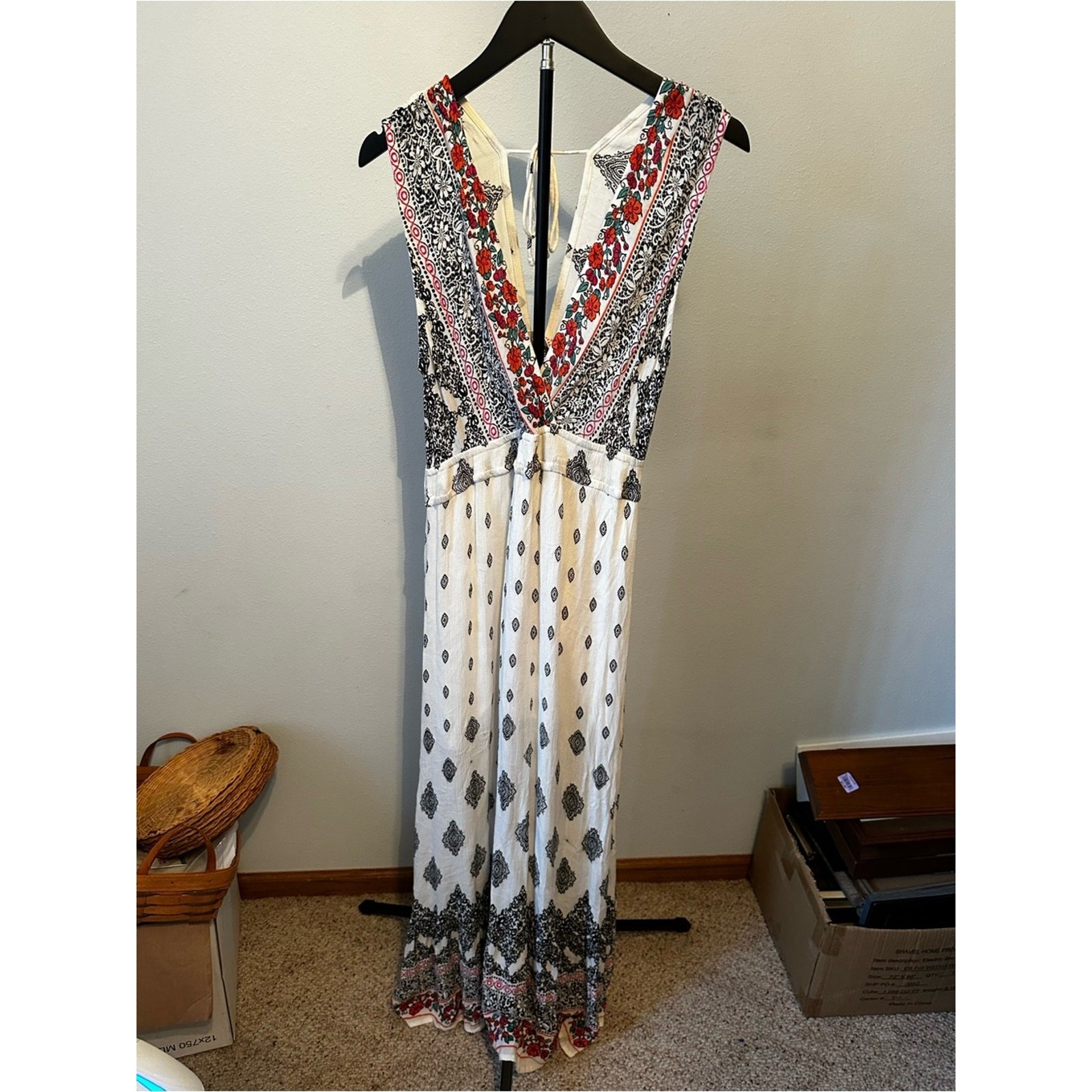 True Destiny White Maxi Dress with Black Print and Red Floral Trim