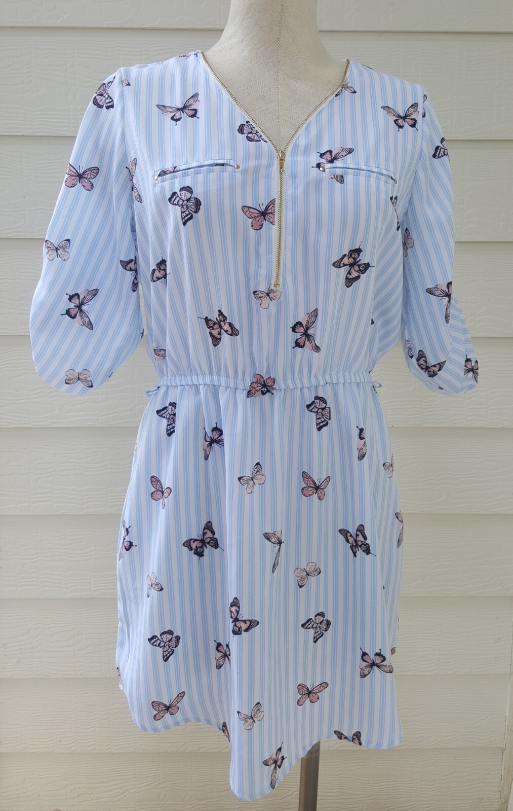 Women’s Dress Size Medium Short Blue & pink butterflies & striped Wishful Park