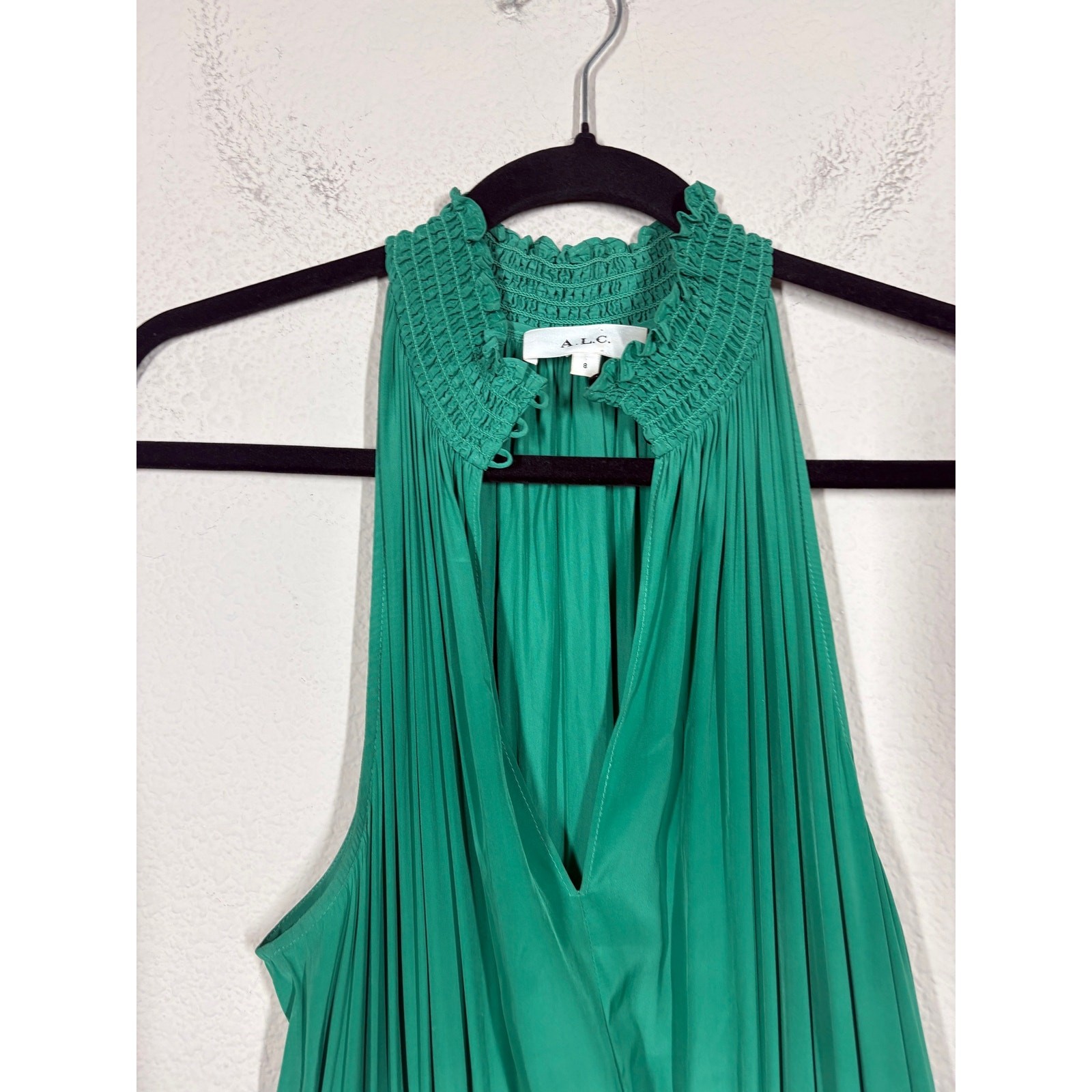 A.L.C. Size 8 Cody Smocked Shift Dress Green Halter Tiered Sleeveless Maximalist