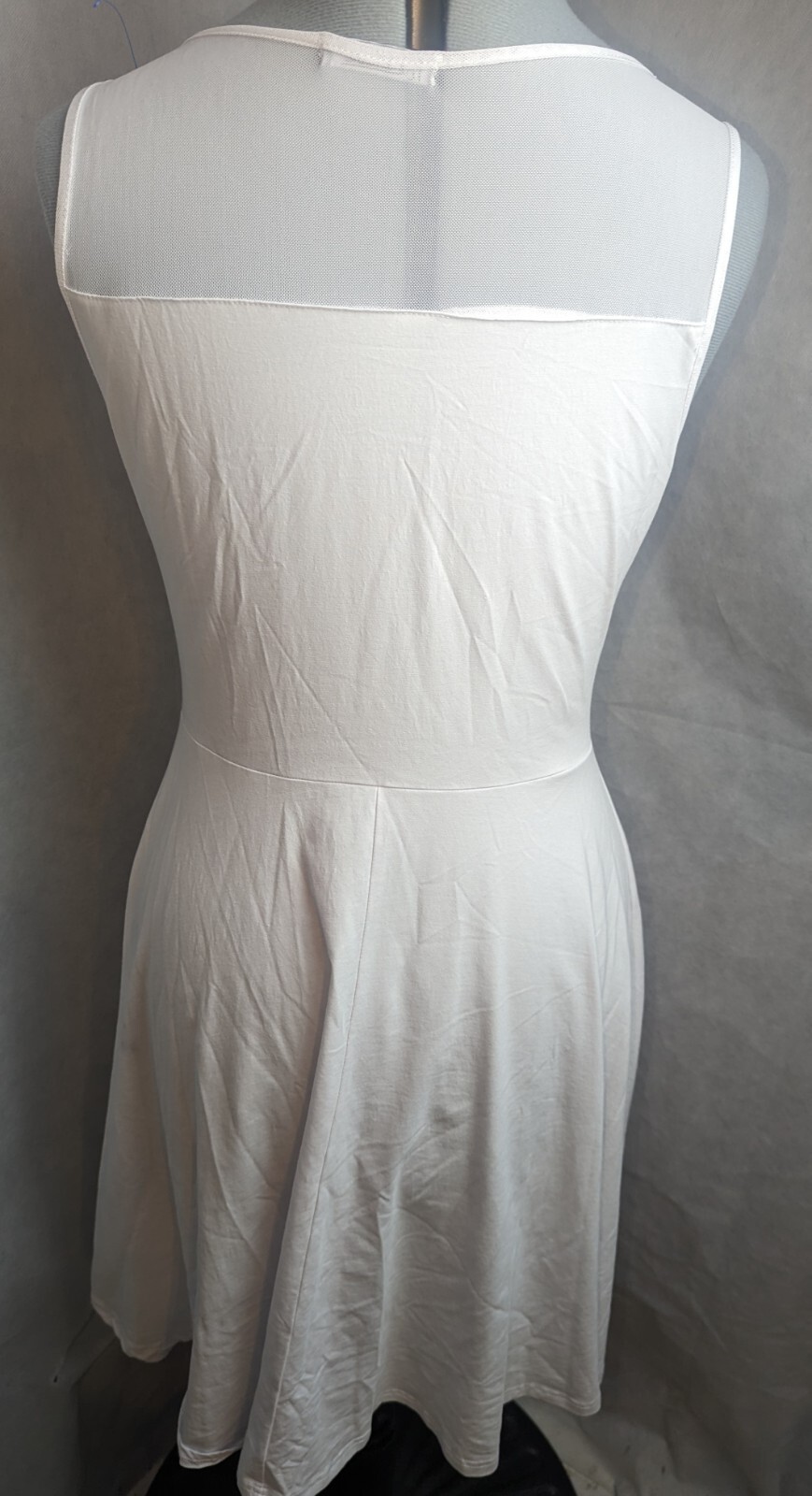 Ineffable Size Medium Cotton Spandex White fit n flare Dress Sheer Mesh Top.