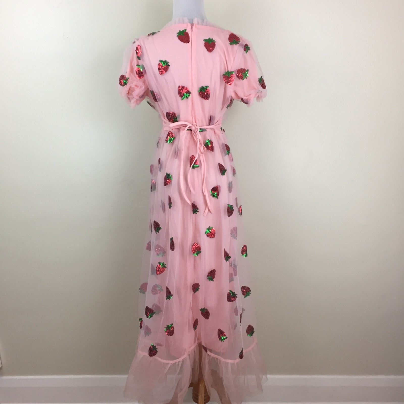Pink Chiffon Red Green Strawberry Sequin Low V Neck Belted Dress Womens sz Small