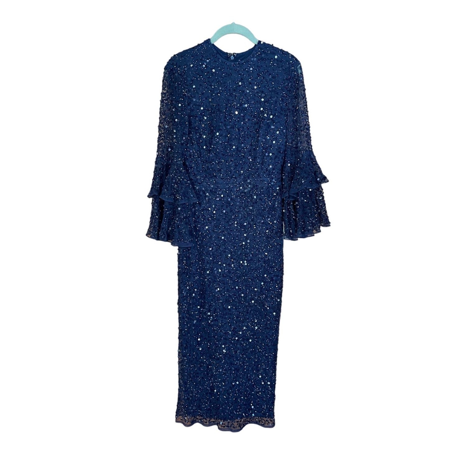 Mac Dugga NEW Blue Sequined Ruffle Sleeve Midi MOB Formal Dress 10802 Size 6