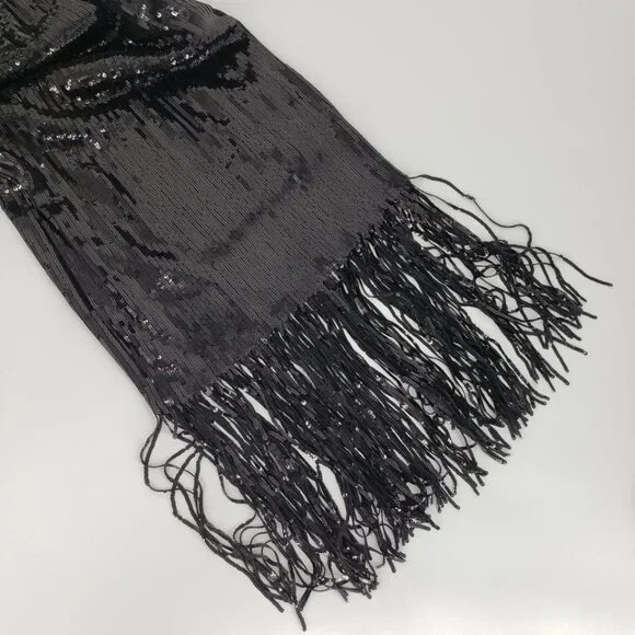 Topshop Sequin Embroidered Strap Fringe Dress 4 Black