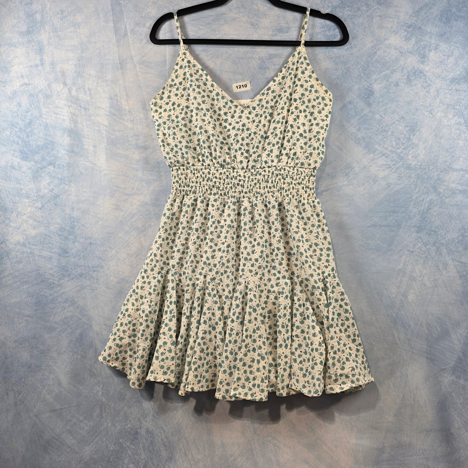 Floral Smocked Waist Mini Dress Green White Rosebud Ruffle Tiered V-Neck Small