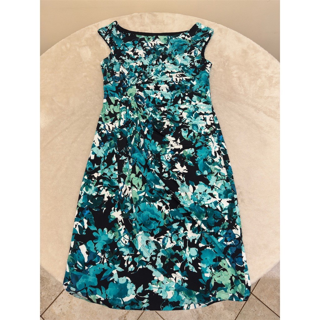 Connected Apparel Dress Womens Size 10 Teal Black White Floral Ruched