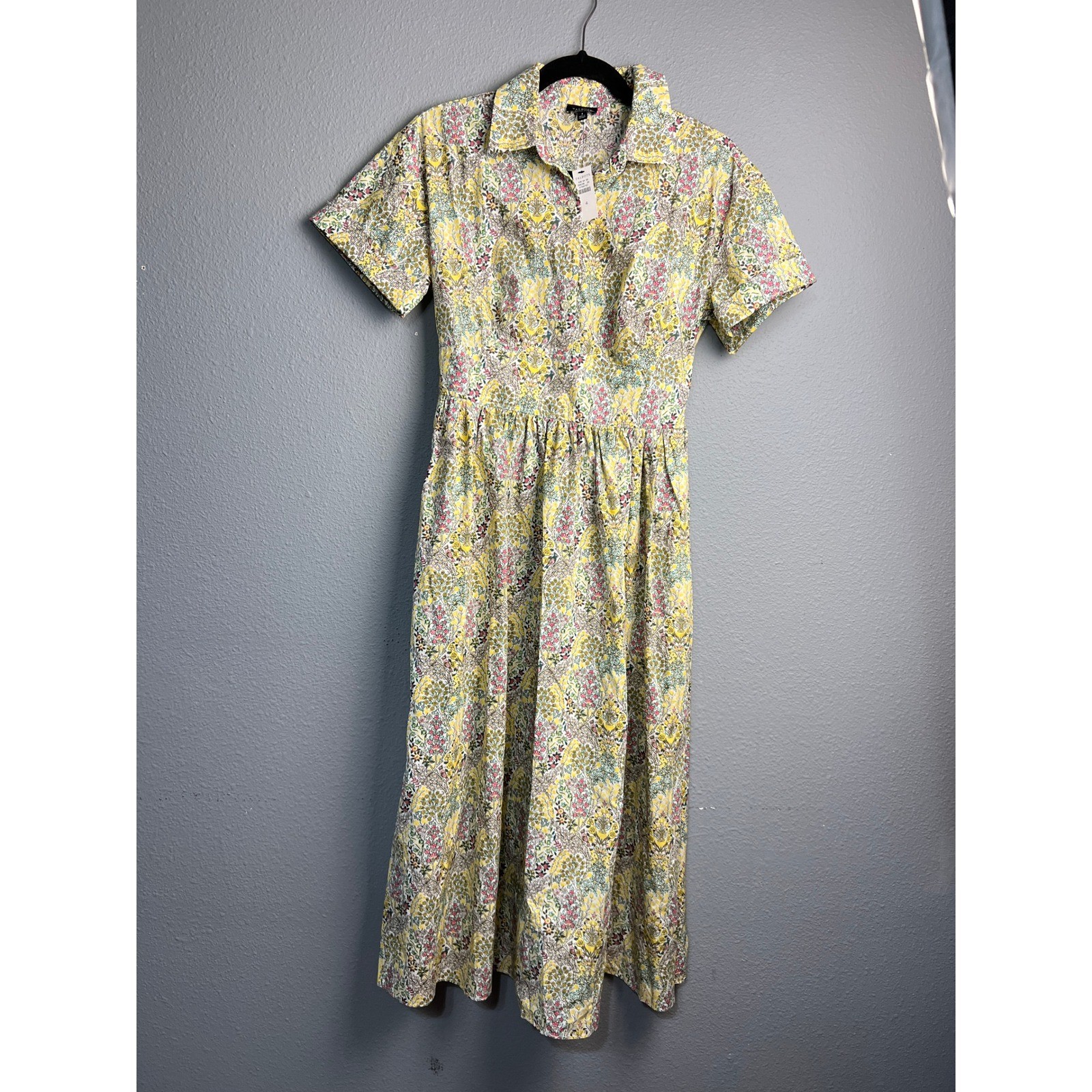 Talbots Floral Novelty Bird Print Cotton Midi Shirtdress Yellow Artsy Size 4 NWT