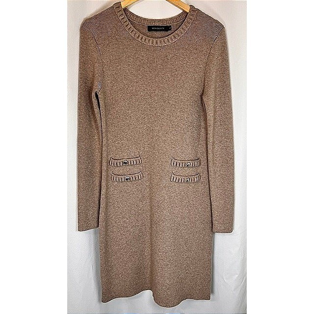 Classic Parisian MEROKEETY Ribbed Knit Sweater Dress Old Money Luxury Beige SM