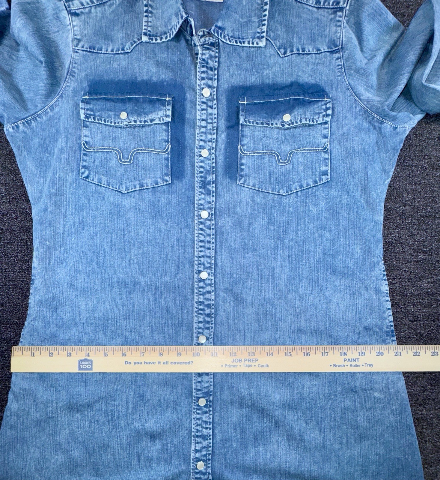 Kimes Ranch Sundowner Snap Western Indigo Denim Dress Large Stretch
