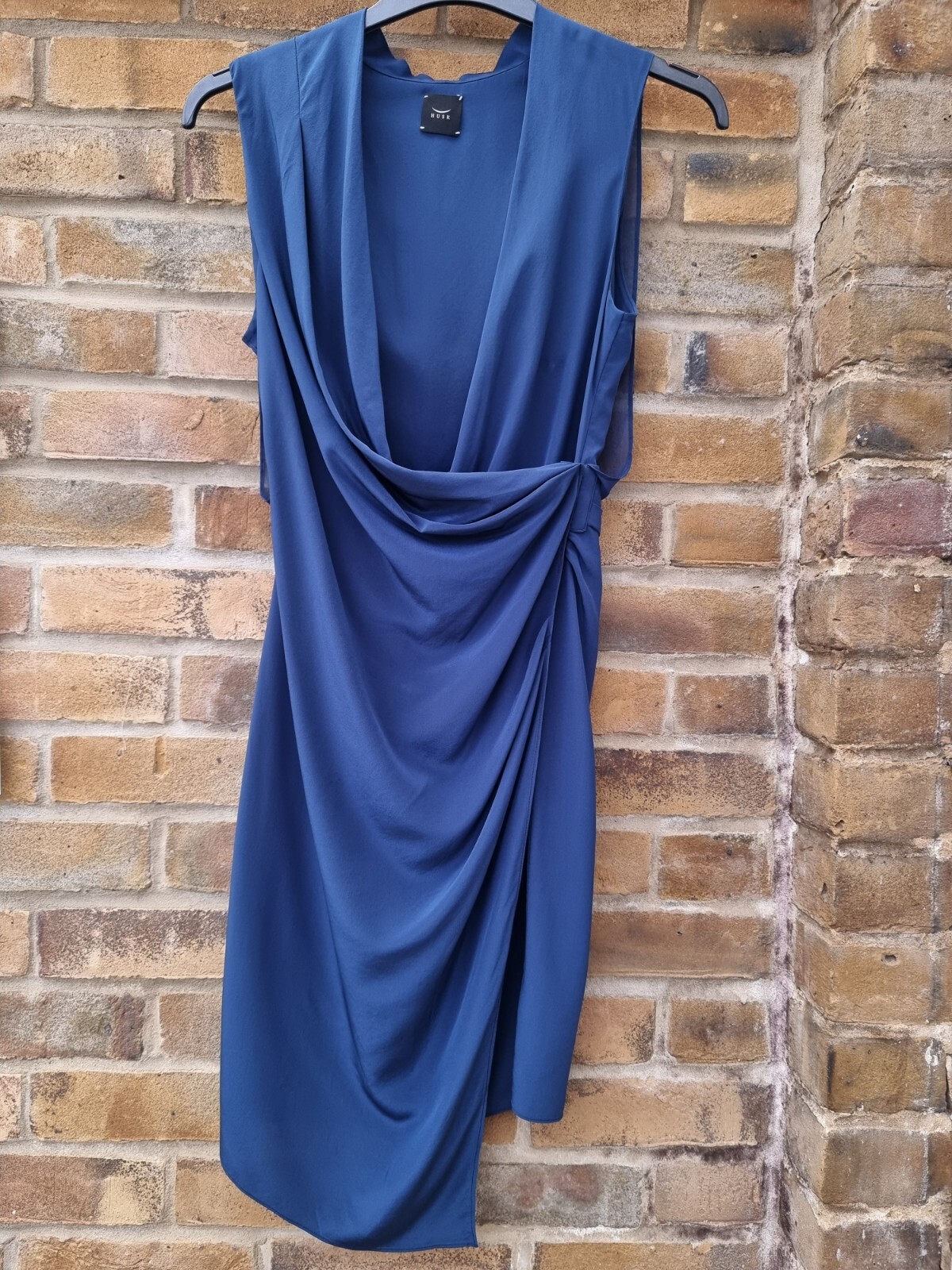 Husk 100% Silk Dress Australia Sheath Dress Wrap Front Navy Blue Size1 Uk 8