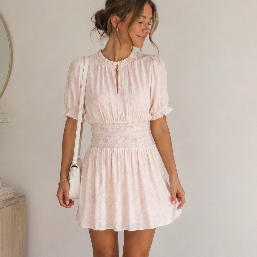 Nine West Smocked Waist Mini Dress Pink White Size S Ruffle Neck Puff Sleeve