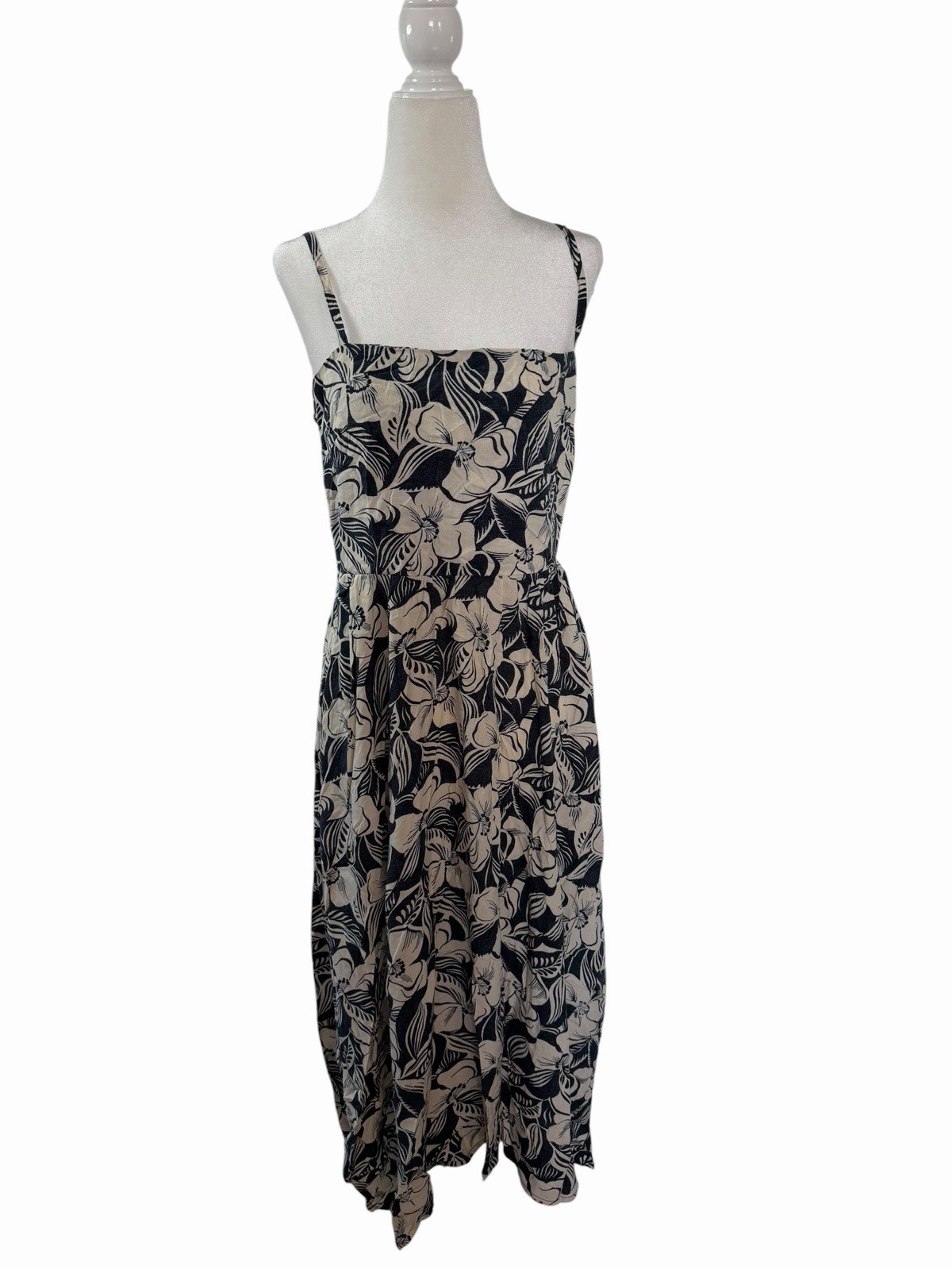 GAP Women’s Small Black Cream Tropical Floral Maxi Dress Smocked Back Strappy