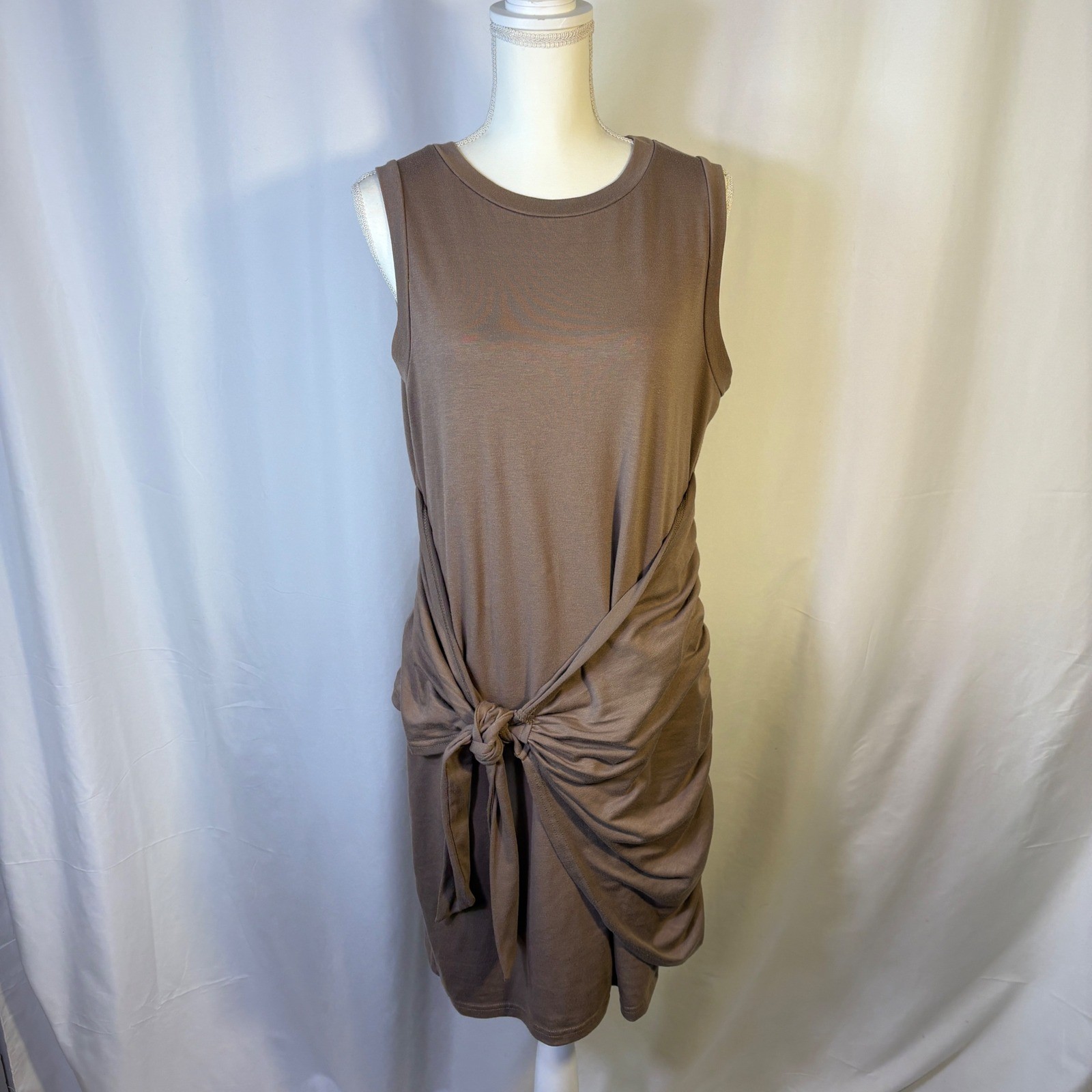 BTFBM Brown Front Tie Tank Dress Womens L Ruched Sleeveless Knit Sheath Lined