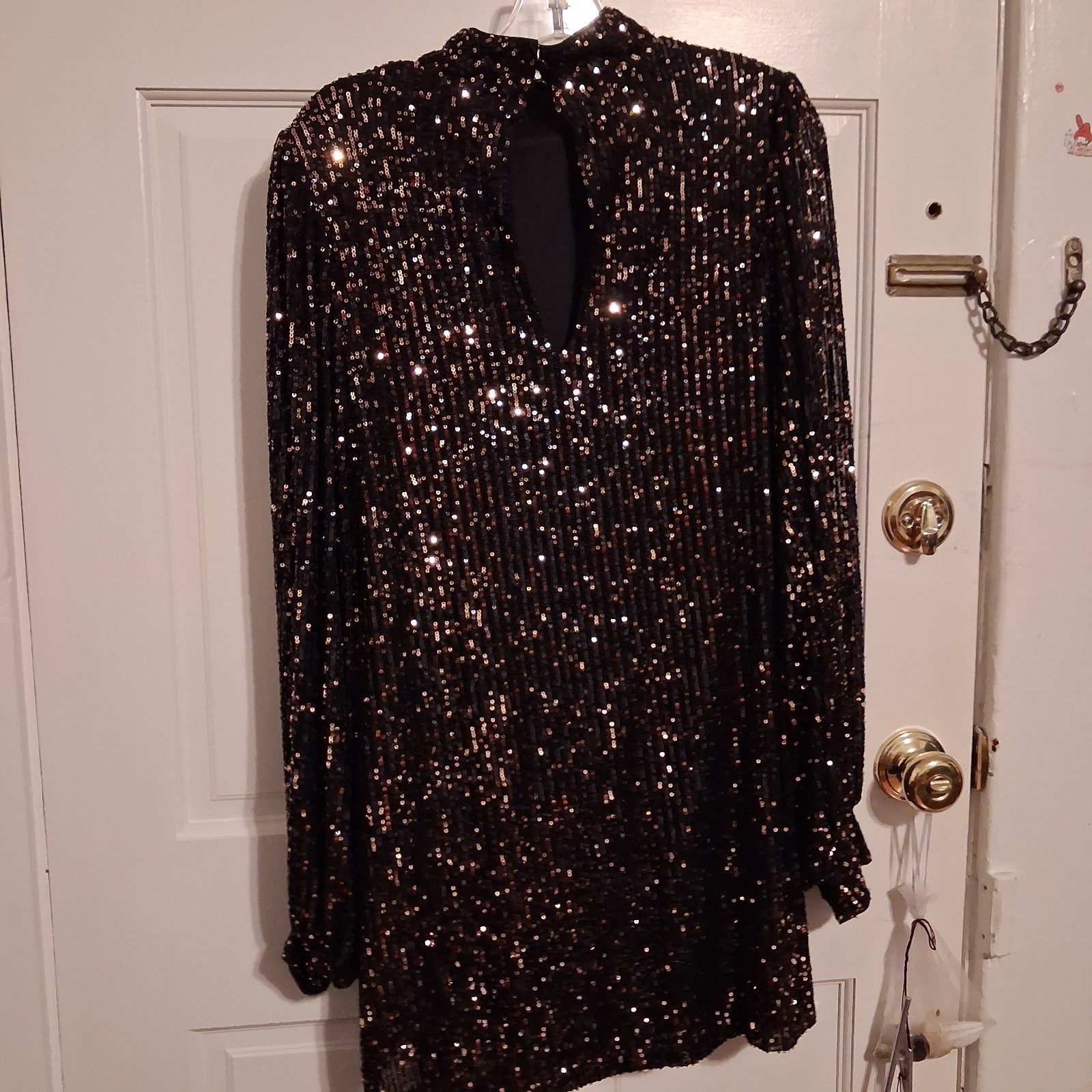 Black Sequin Shift Mock Neck Long Sleeve Dress Size S