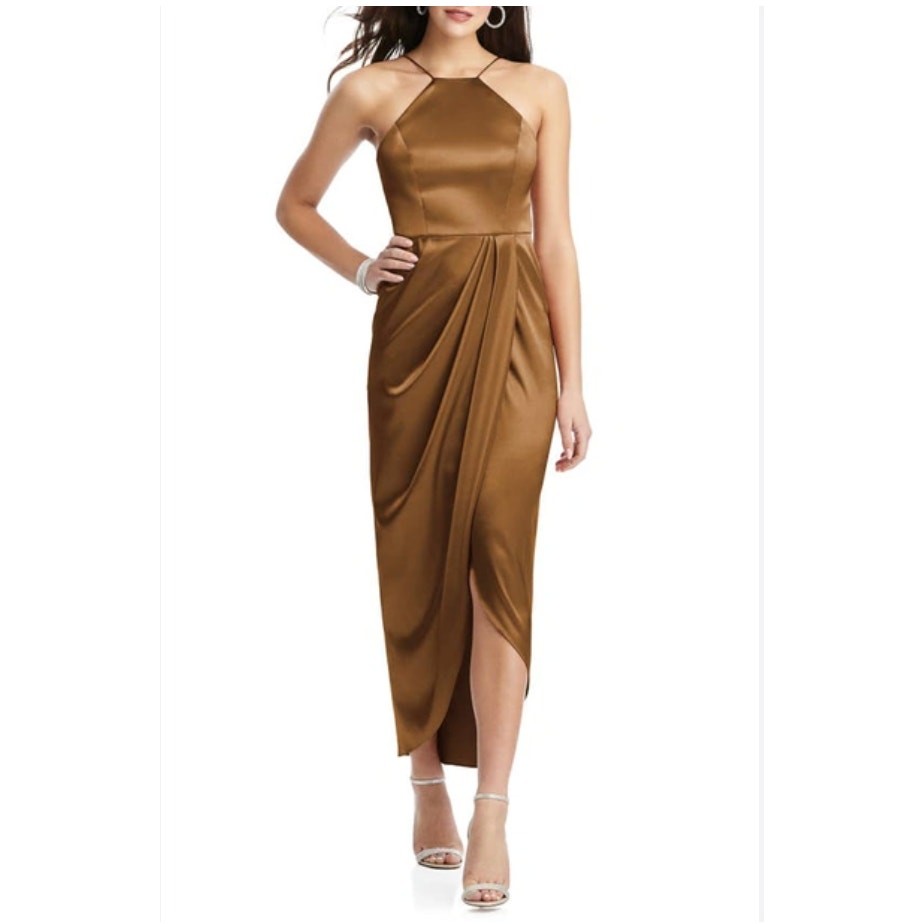 AFTER SIX 6829 Toffee Copper Straight Charmeuse Halter Midi Dress Size 10R NWT