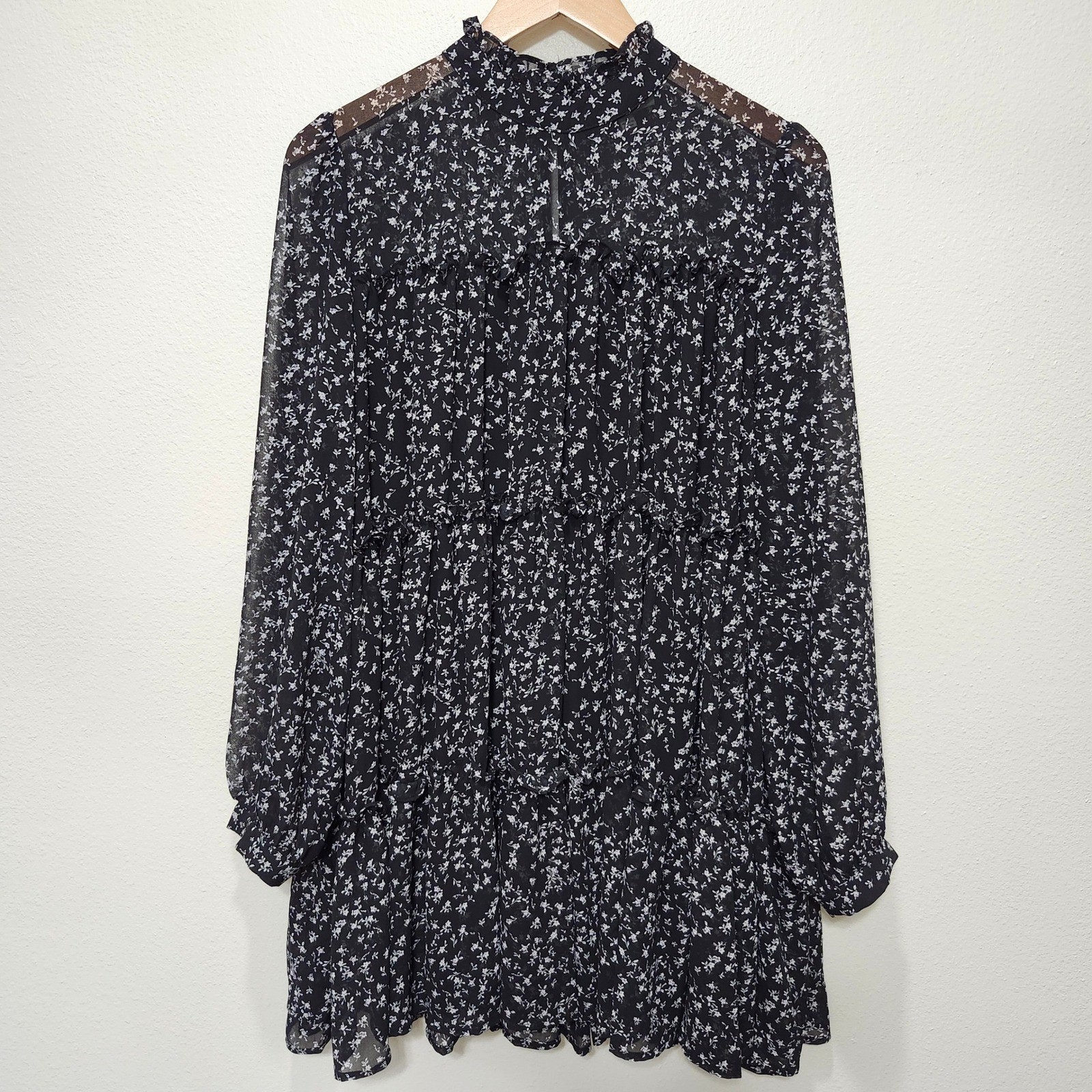 Pinch Black Tiered Floral Print Long Sleeve Ruffle Lined Dress Size Large