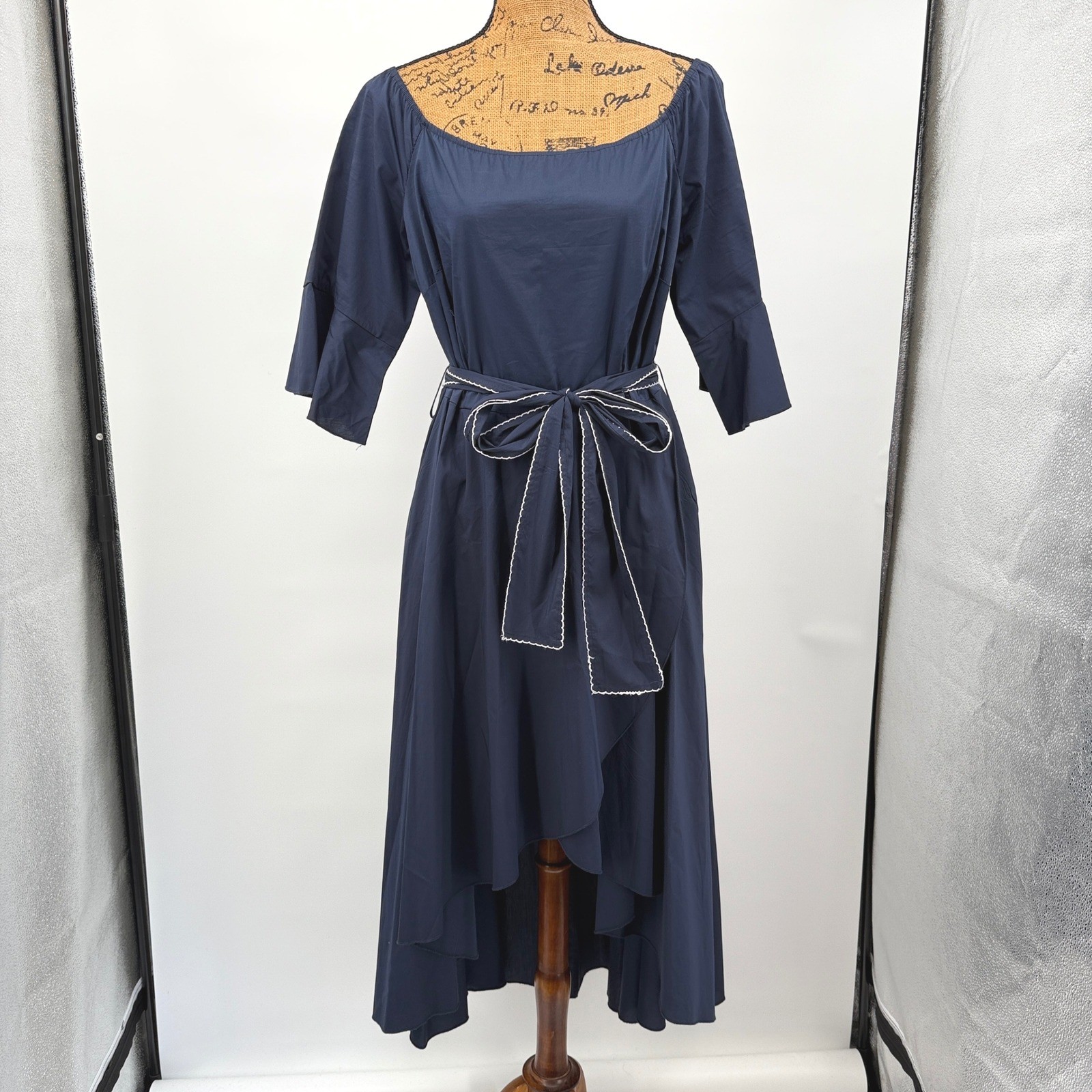 Venus Navy Blue Hi-Lo Dress White Trim Belt 3/4 Sleeve Sz XL Cottage Nautical