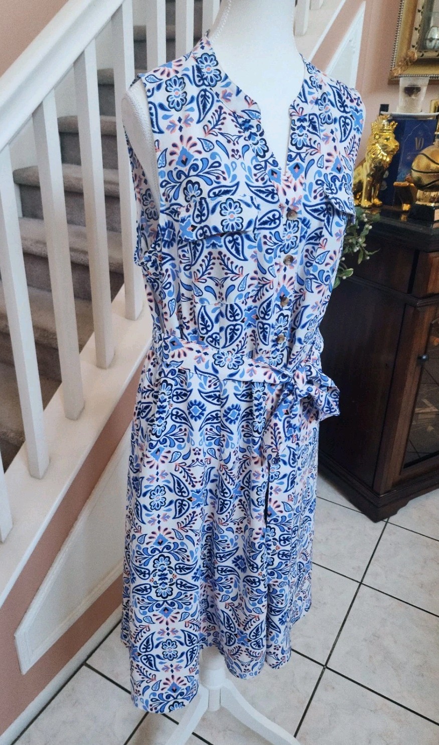 NWOT CROFT & BARROW Blue Floral Notch Neck Belted Sleeveless Shirt Dress Sz PXL