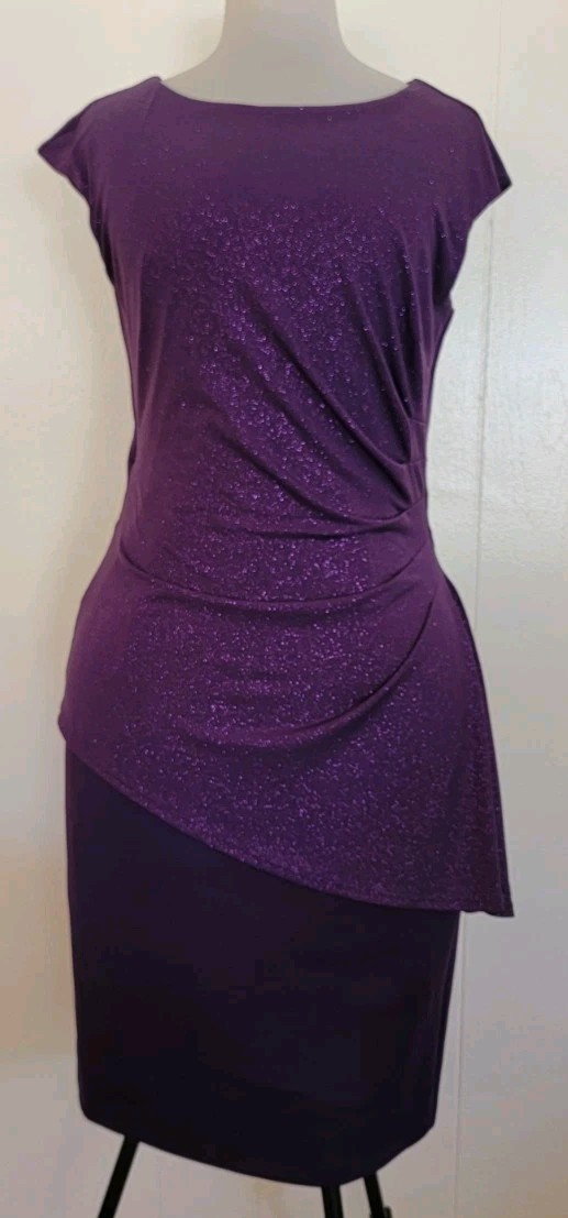 Womens Eggplant Purple Dress Sz 6 Semiformal Glitter Layered Sleeveless Midi