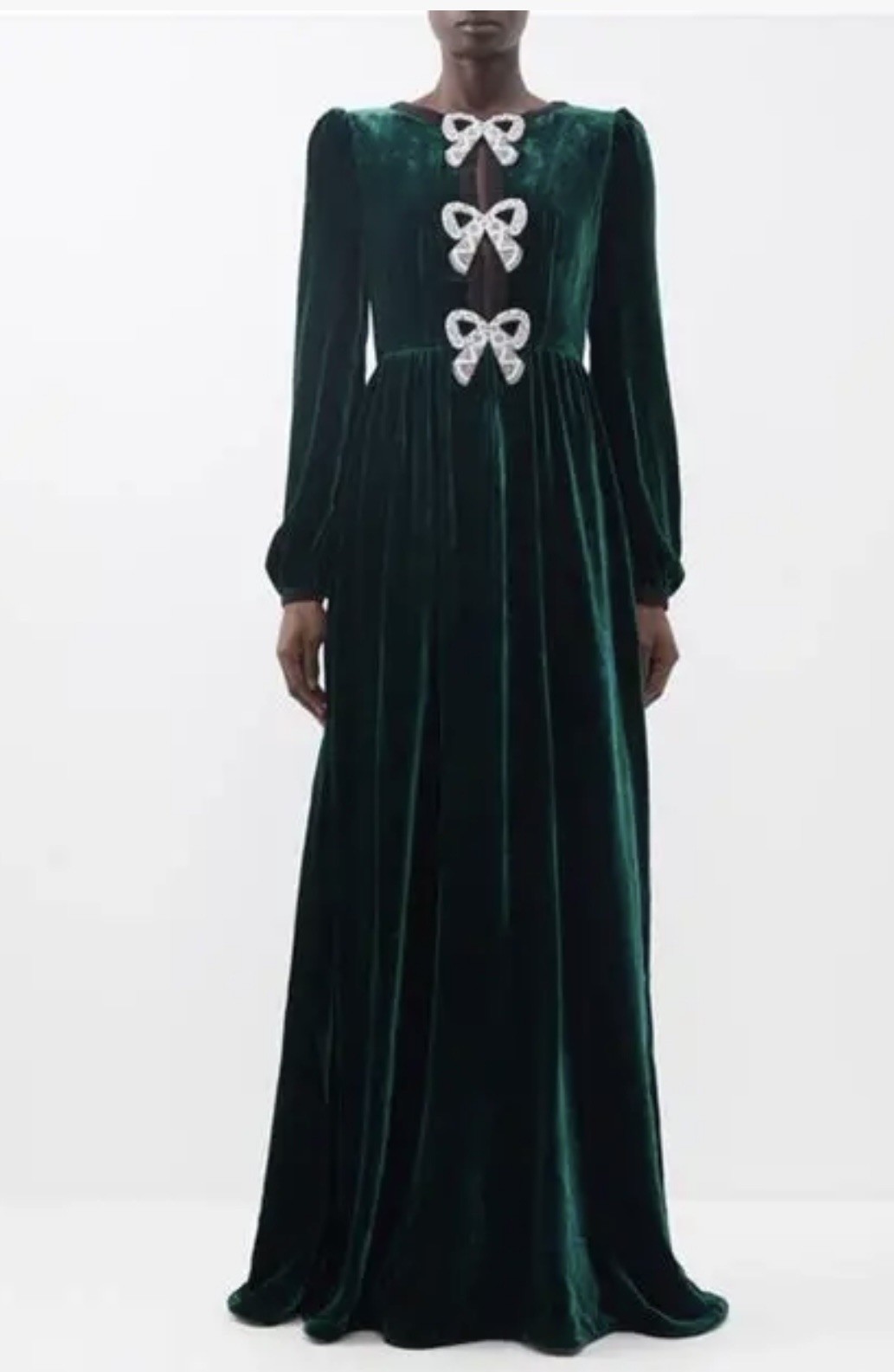 Saloni NEW Camille Velvet Embellished Bows Long Dress Green $1,003 [UK 6 / US 2]