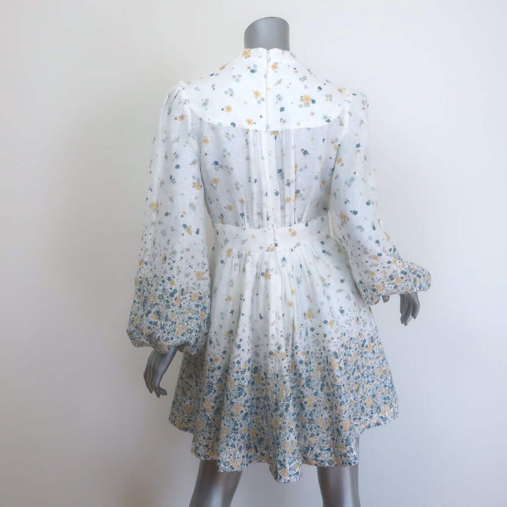 Zimmermann Carnaby Puff Sleeve Mini Dress White Ditsy Floral Print Linen Size 1