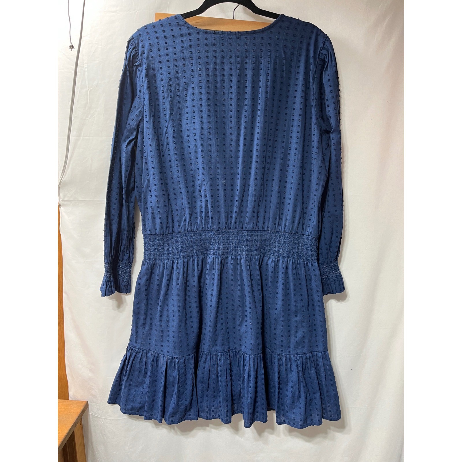 Vineyard Vines Womens XL Navy Blue Swiss Dot Smocked Wrap Mini Dress Long Sleeve