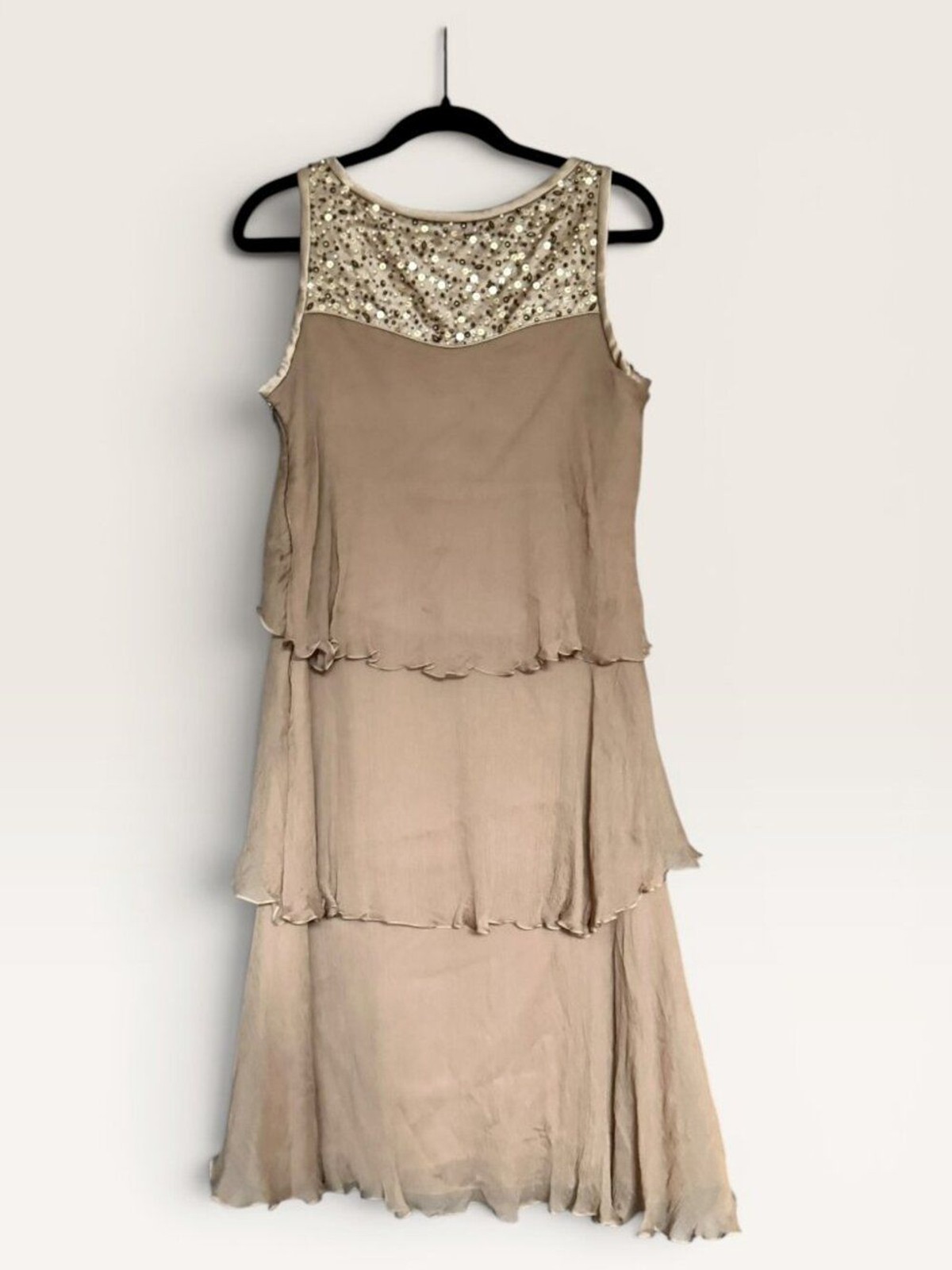 Carlos Miele 100% Silk Beaded Sequin Tiered Chiffon Cocktail Dress Taupe Size 40