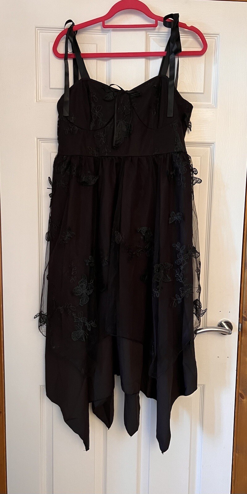 Black Butterfly Mesh Dress UK XL 16 BNWT Shirred Back Mesh Overlay