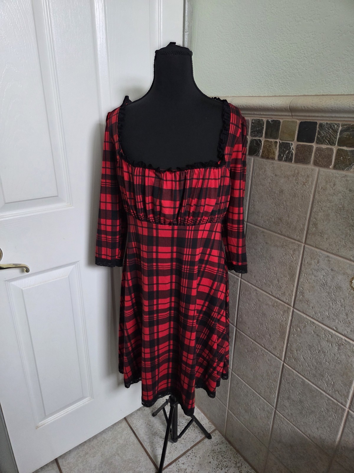 Wax Poetic Clothing Red & Plaid Mini Dress with Lace Trim Whimsigoth Punk XL
