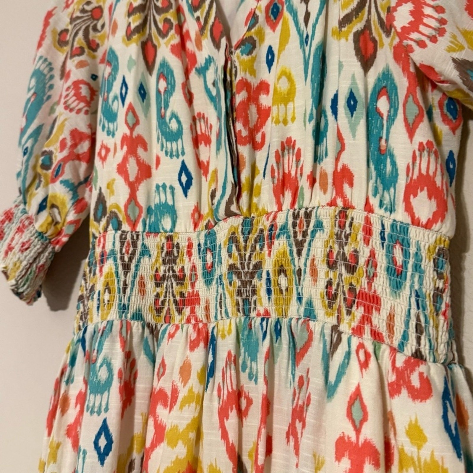 Anthropologie Ikat Print Smocked Midi Dress XS Boho Tiered