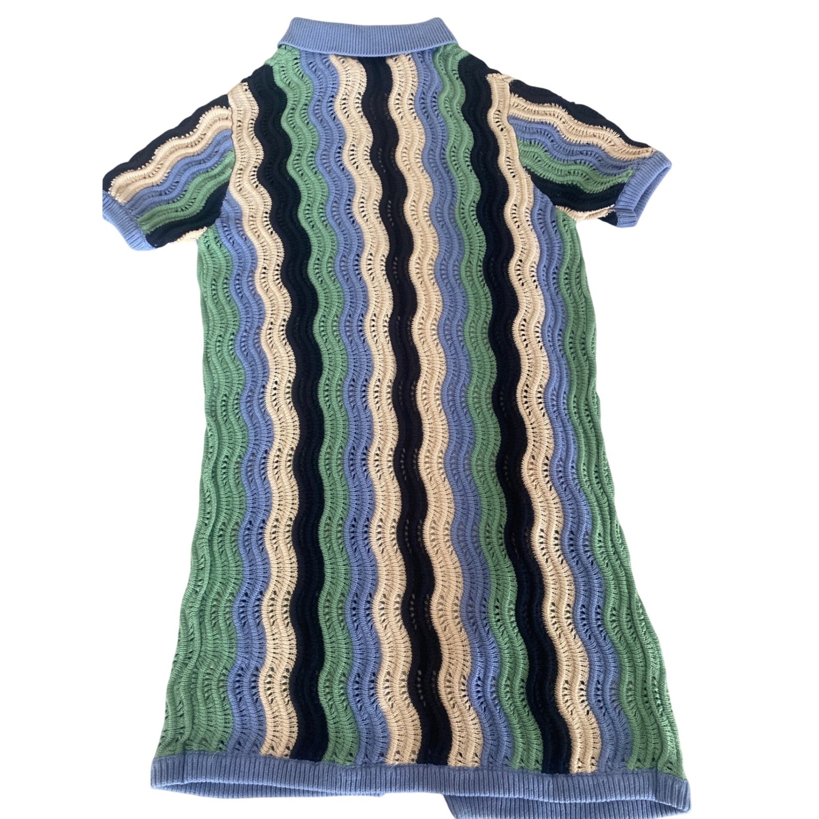 Heartloom Blue Green Wave Crochet Knit Button Front Polo Mini Dress Small