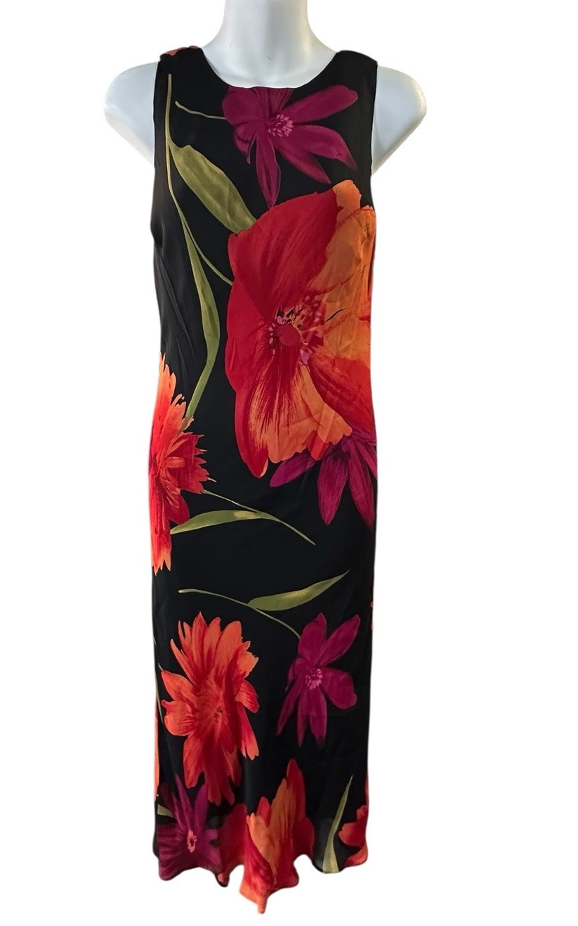 Cache Black Red Orange Green Floral Sleeveless Slip Sheath Flowy Spring Dress 12