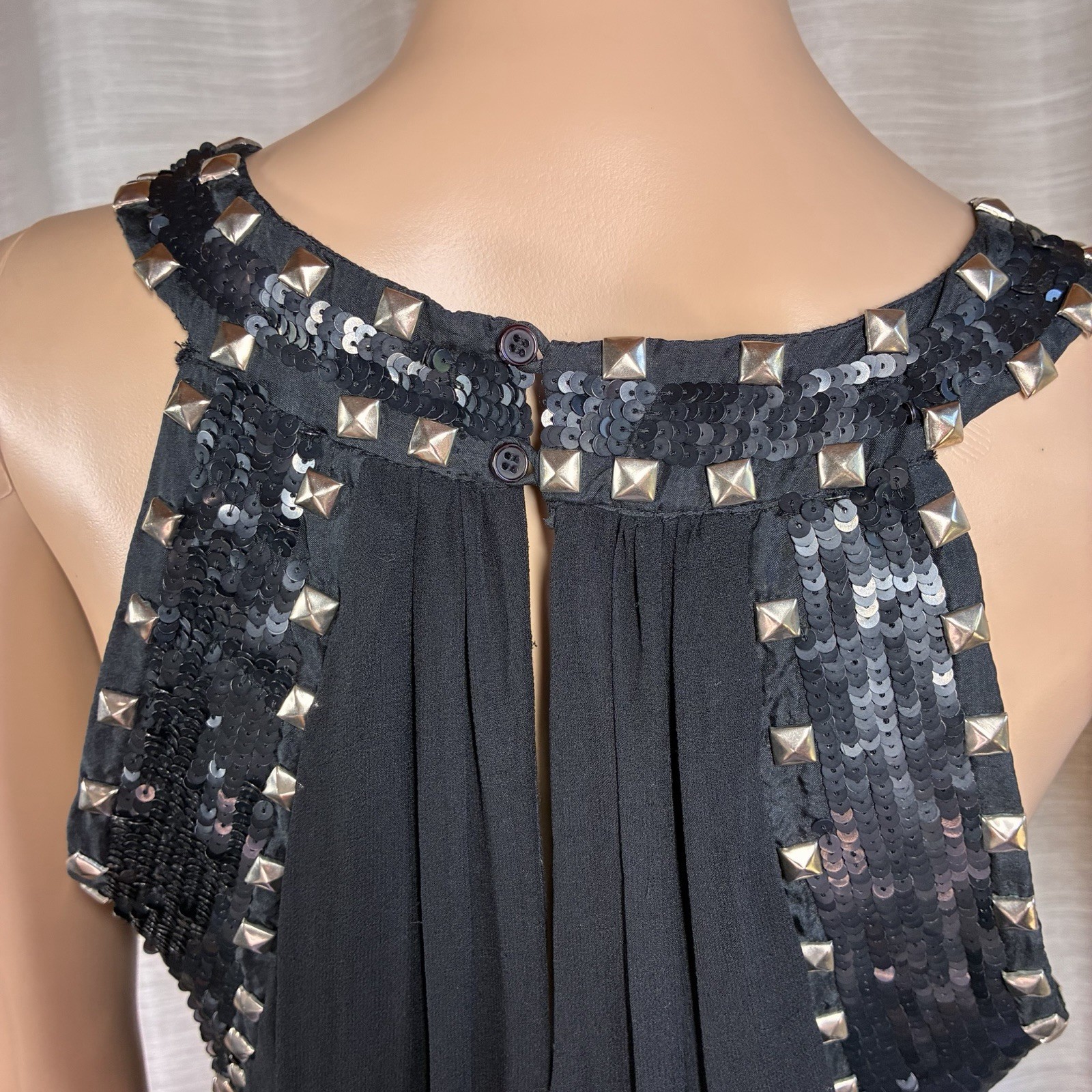 Hannah Jo Silk Mini Dress Size M Black Studded Sequin Embellished Keyhole Grunge