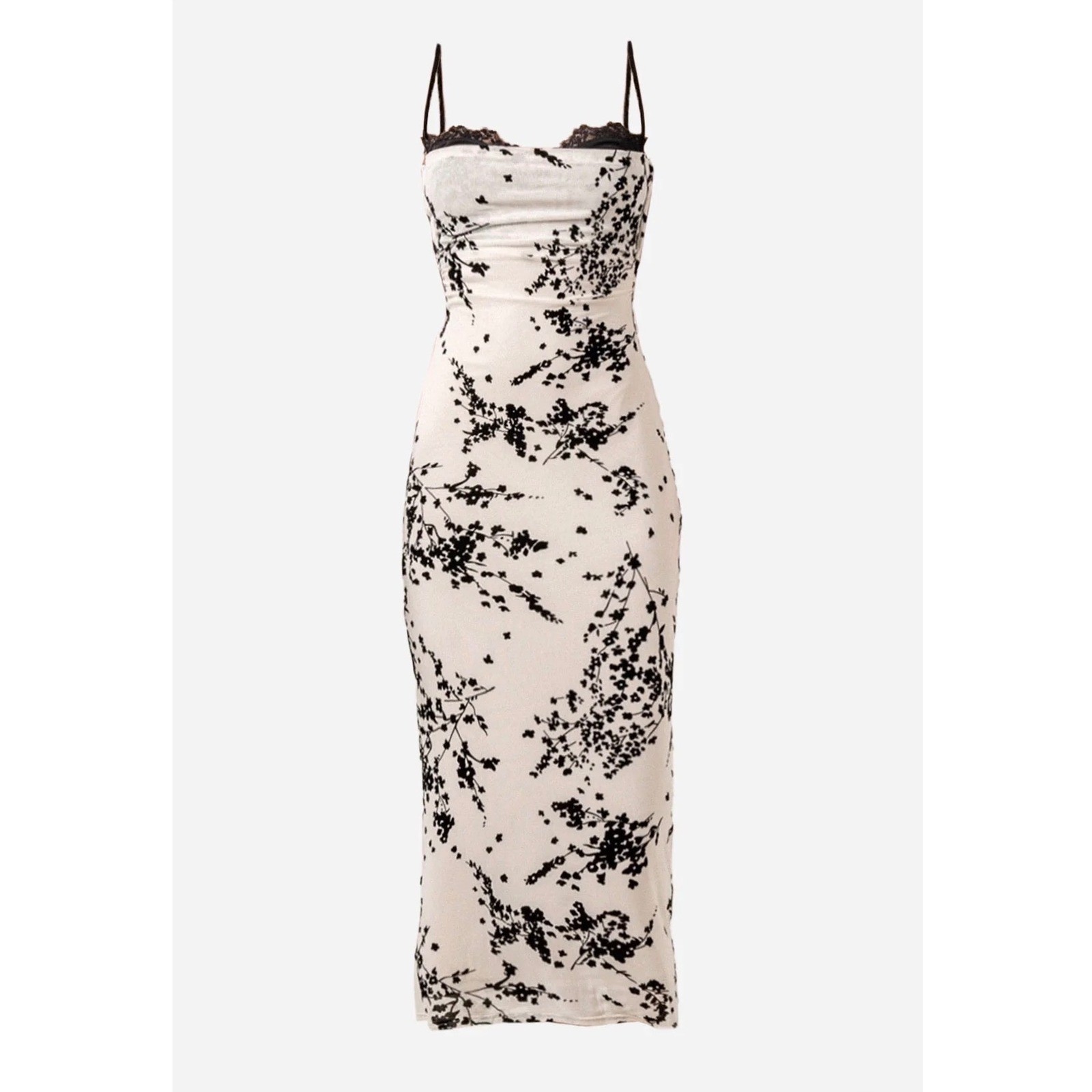 FORE Floral Velvet Mesh Cowl Neck Midi Bodycon Dress Womens Small Cream Black