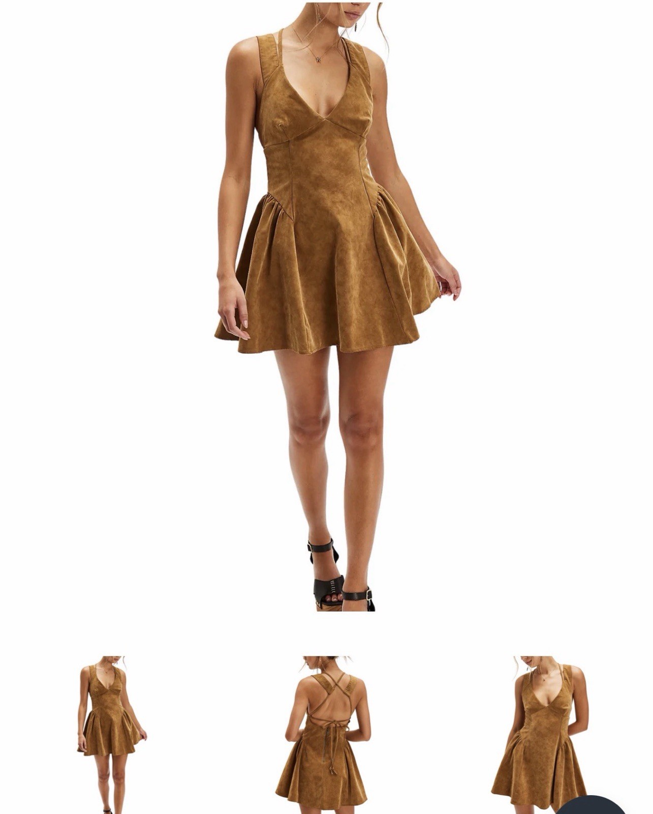 Free People Brown Faux Suede V-Neck Open Back Lace-Up Zip Mini Dress S