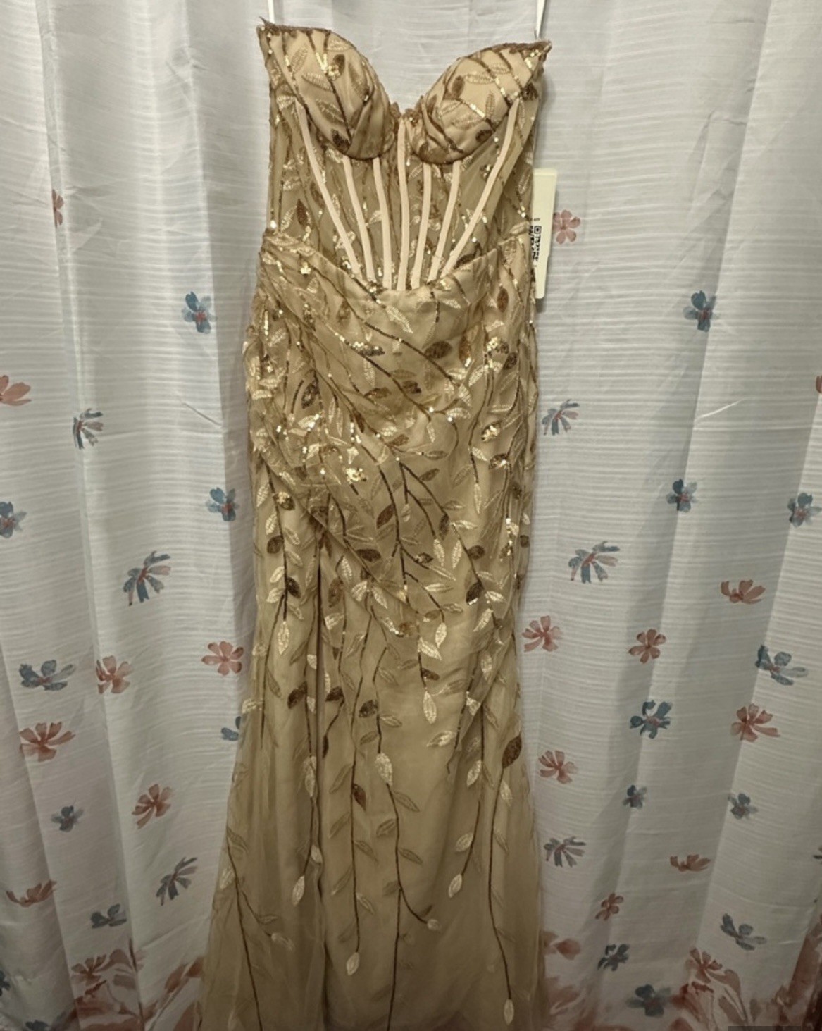 Stacees Gold Strapless Sweetheart Corset Lace Sequin Slit Gown Size 6