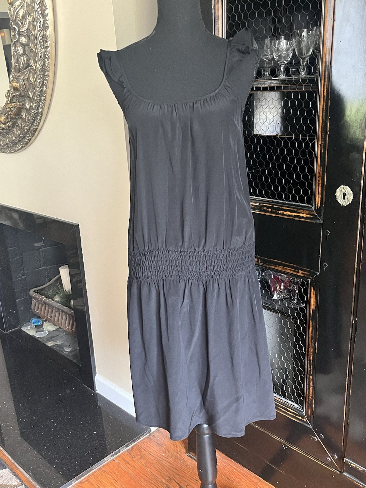 TUCKER BLACK SILK SUNDRESS SHIFT SHEATH DRESS DROP WAIST ELASTICATED RUFFLES S