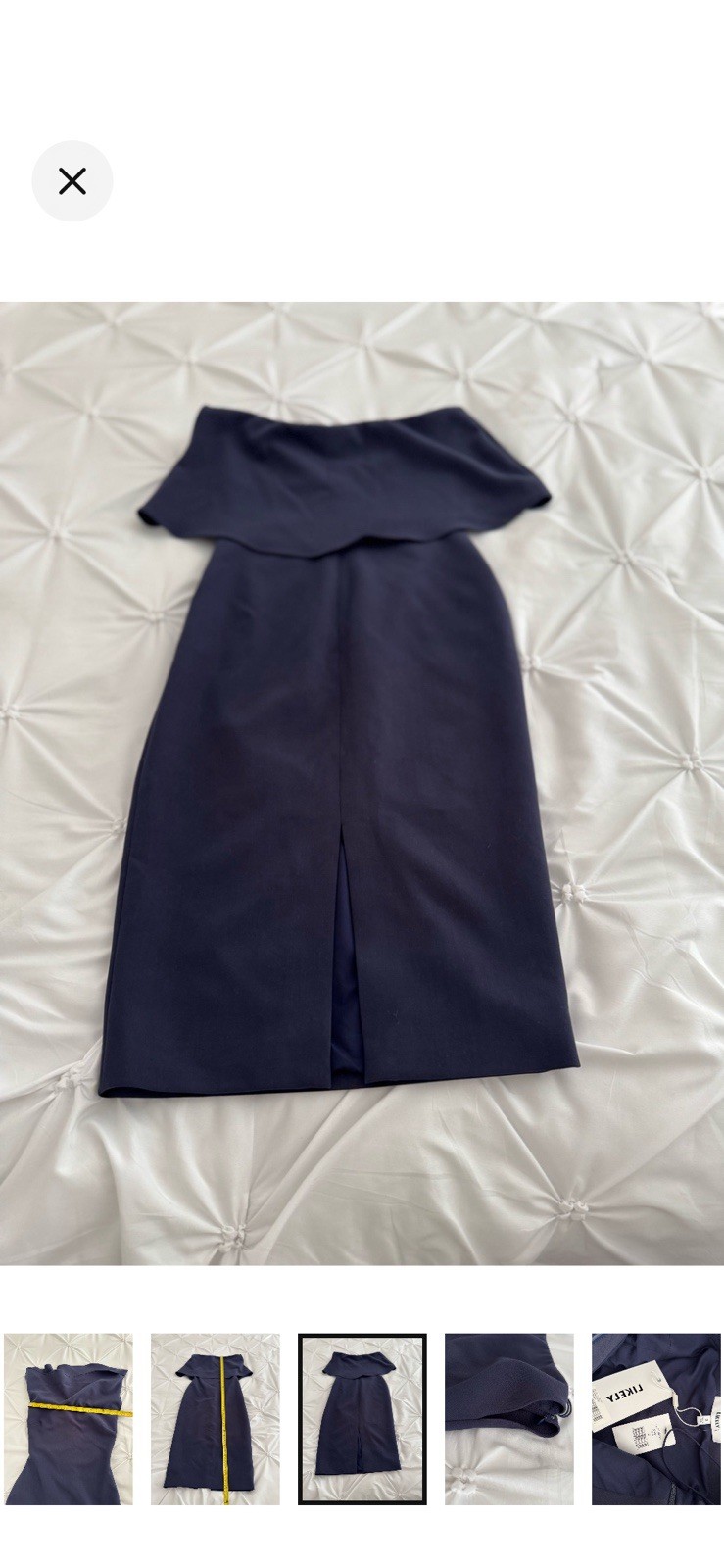 LIKELY Navy Strapless Ruffle Sheath Midi Dress 2 Lined Stretch Zip