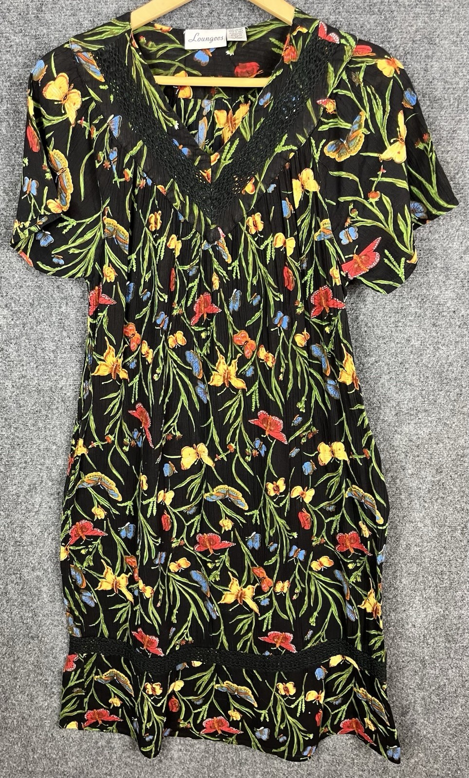Loungees Crinkle Cotton House Dress M Boho Butterflies Lounge Pockets Casual