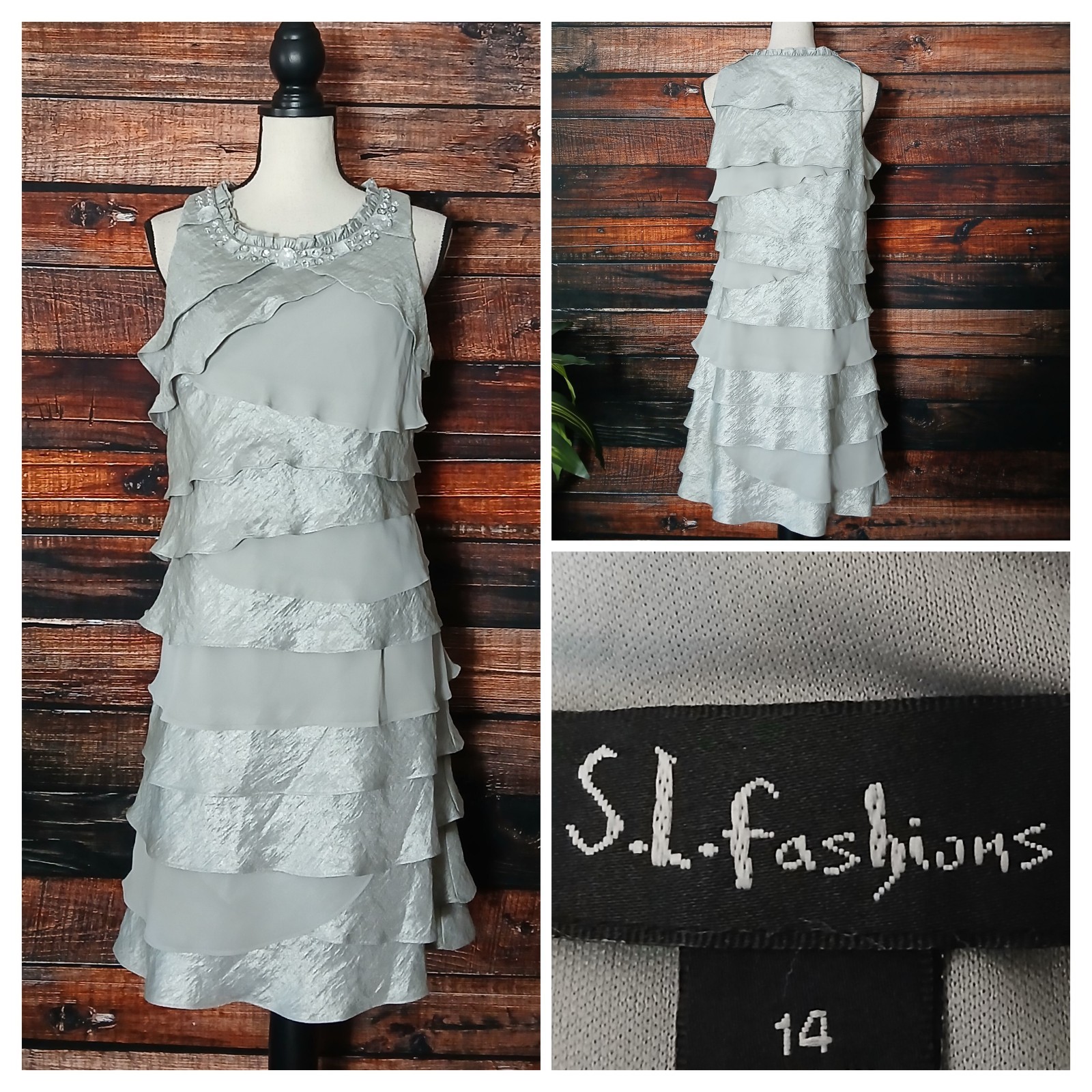 SL Fashions Dress Size 14 Silver Tiered Rhinestone Beaded Vintage 90s Fairy
